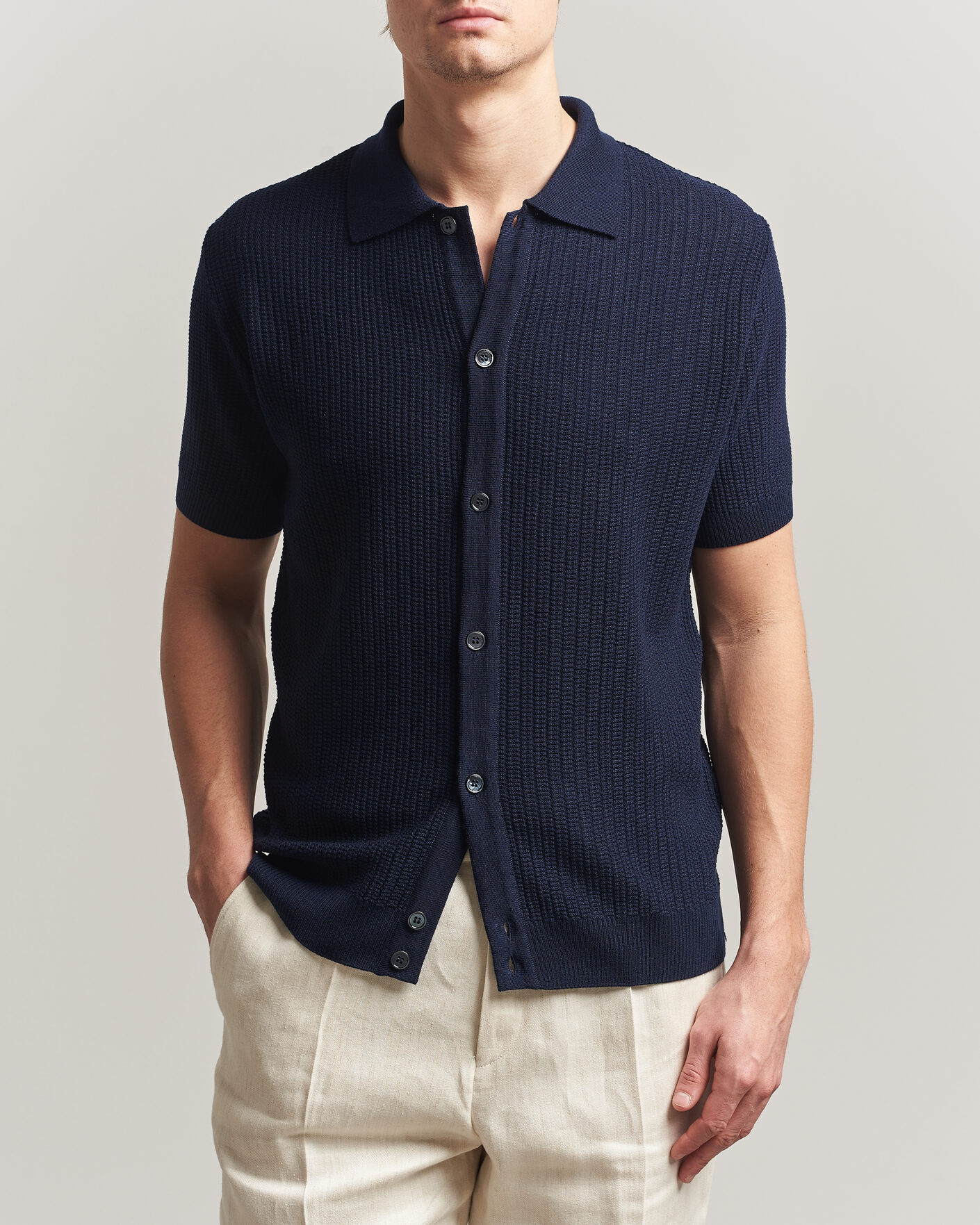 Hombres | Polos | Stenströms | Knitted Buttonthru Merino Polo Shirt Navy