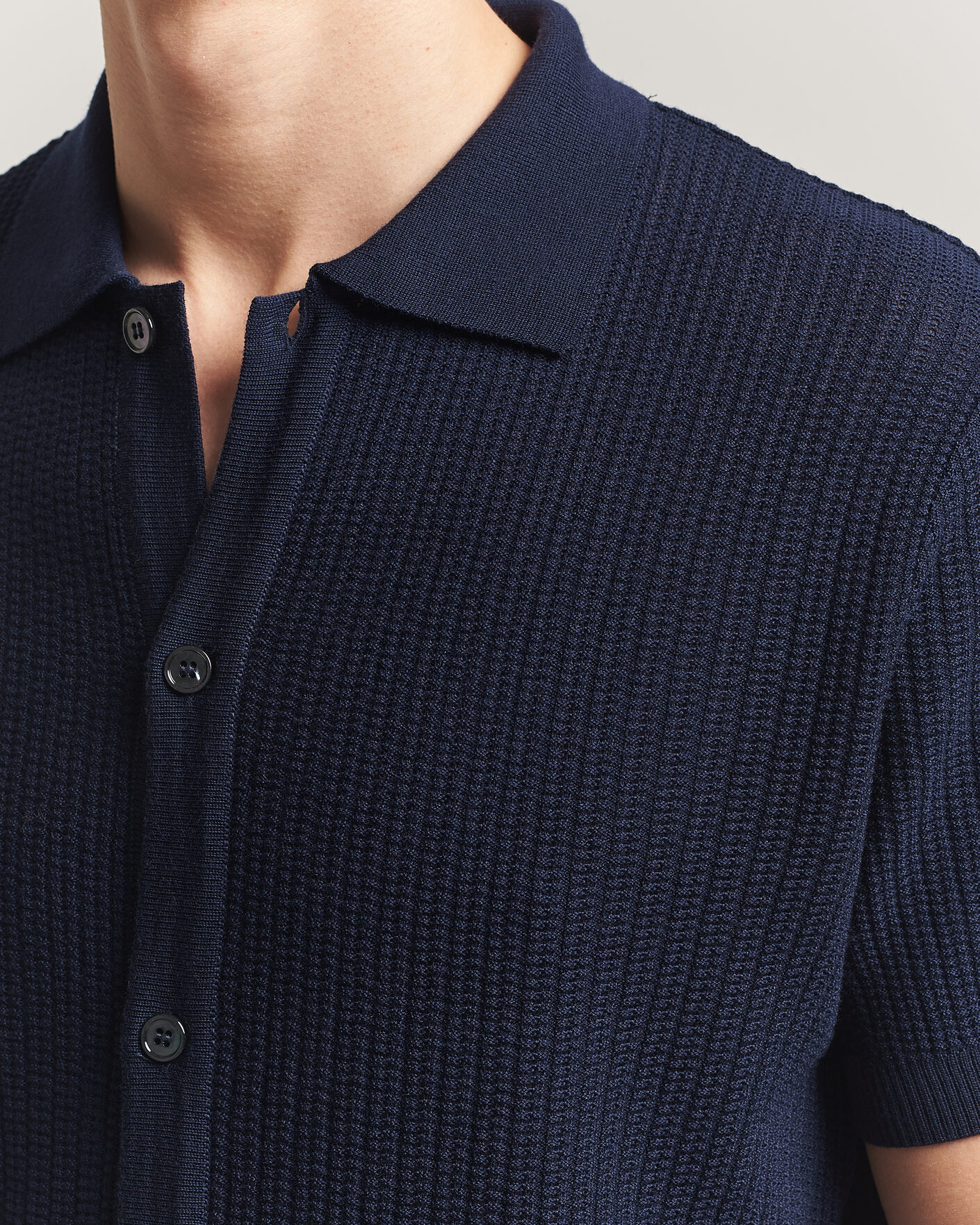 Hombres | Polos | Stenströms | Knitted Buttonthru Merino Polo Shirt Navy