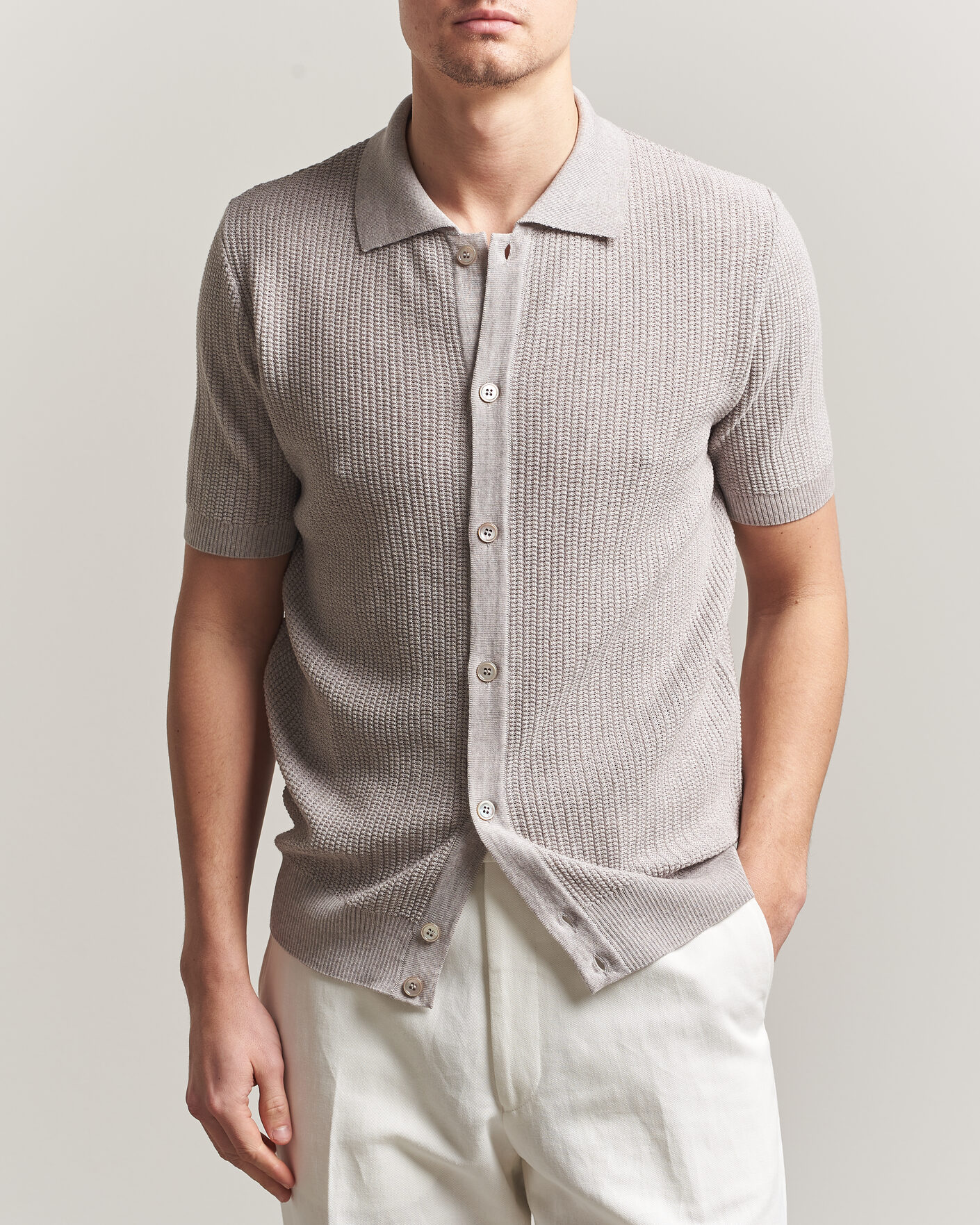 Hombres | Polos | Stenströms | Knitted Buttonthru Merino Polo Shirt Grey