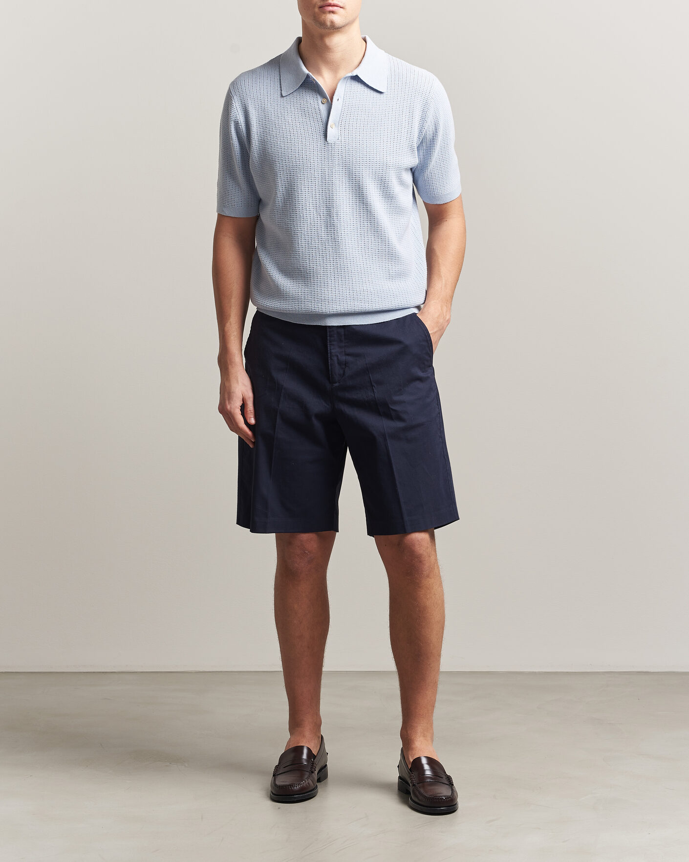 Hombres | Polos | Stenströms | Knitted Textured Cotton/Hemp Polo Light Blue