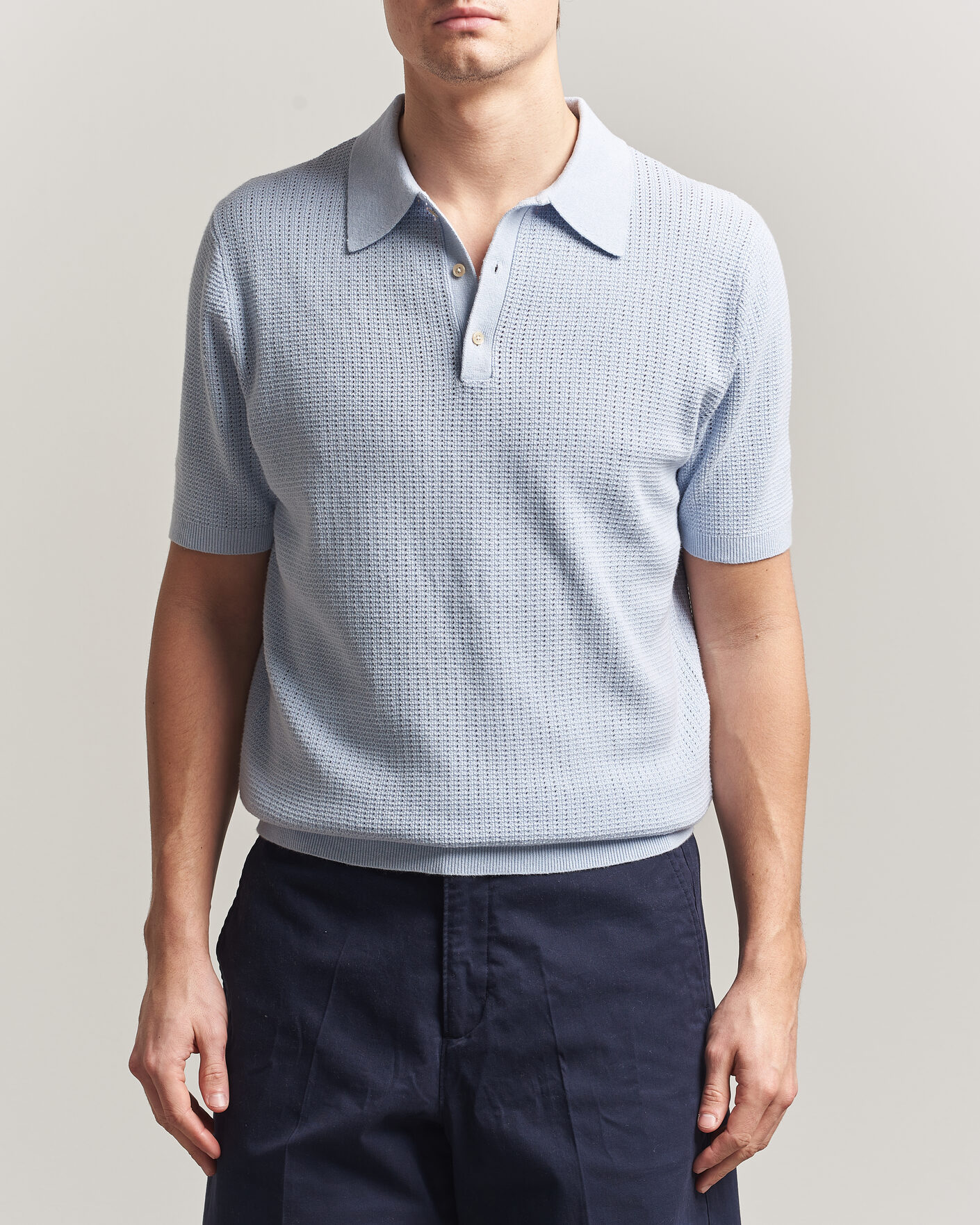 Hombres | Polos | Stenströms | Knitted Textured Cotton/Hemp Polo Light Blue