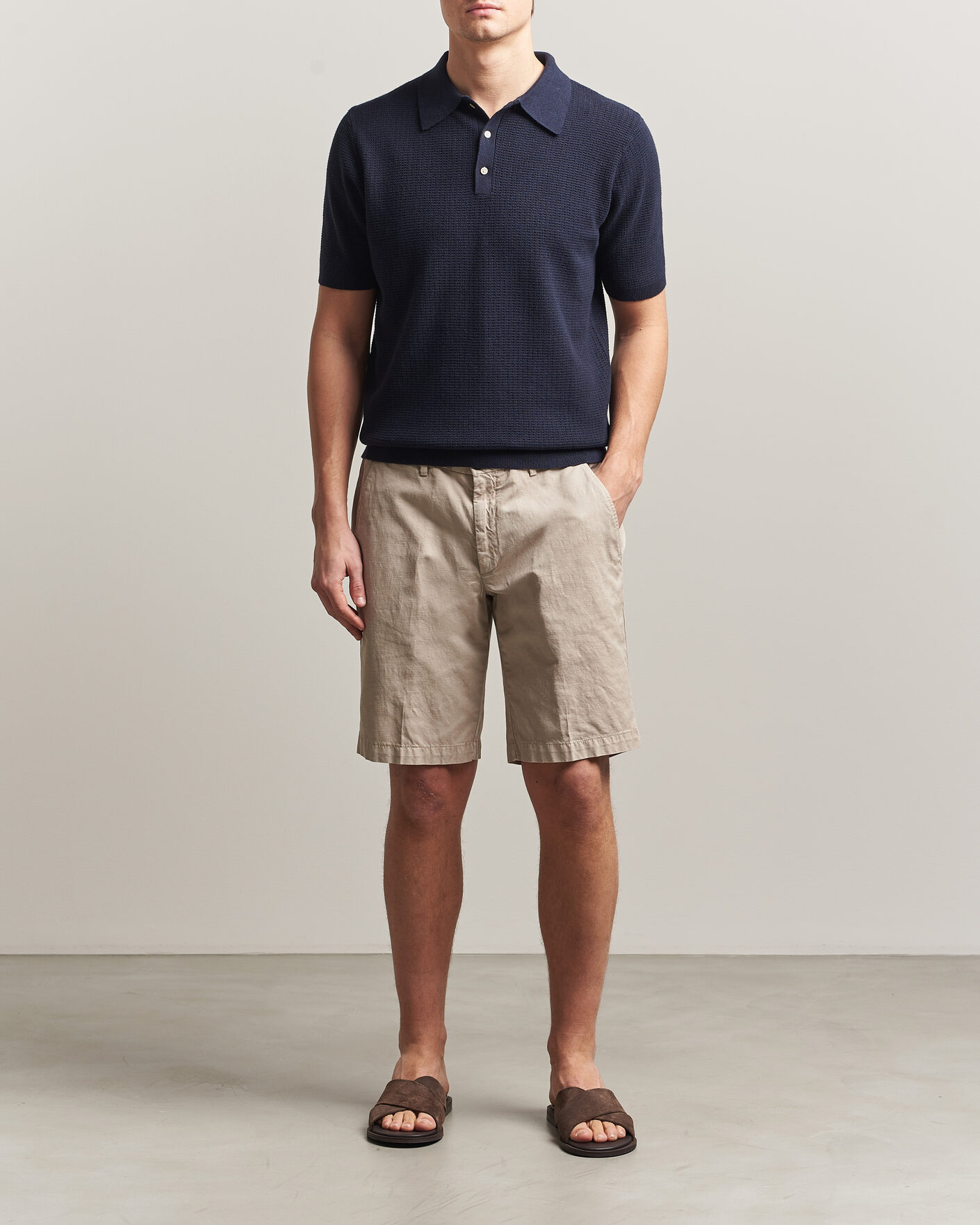Hombres | Polos | Stenströms | Knitted Textured Cotton/Hemp Polo Navy