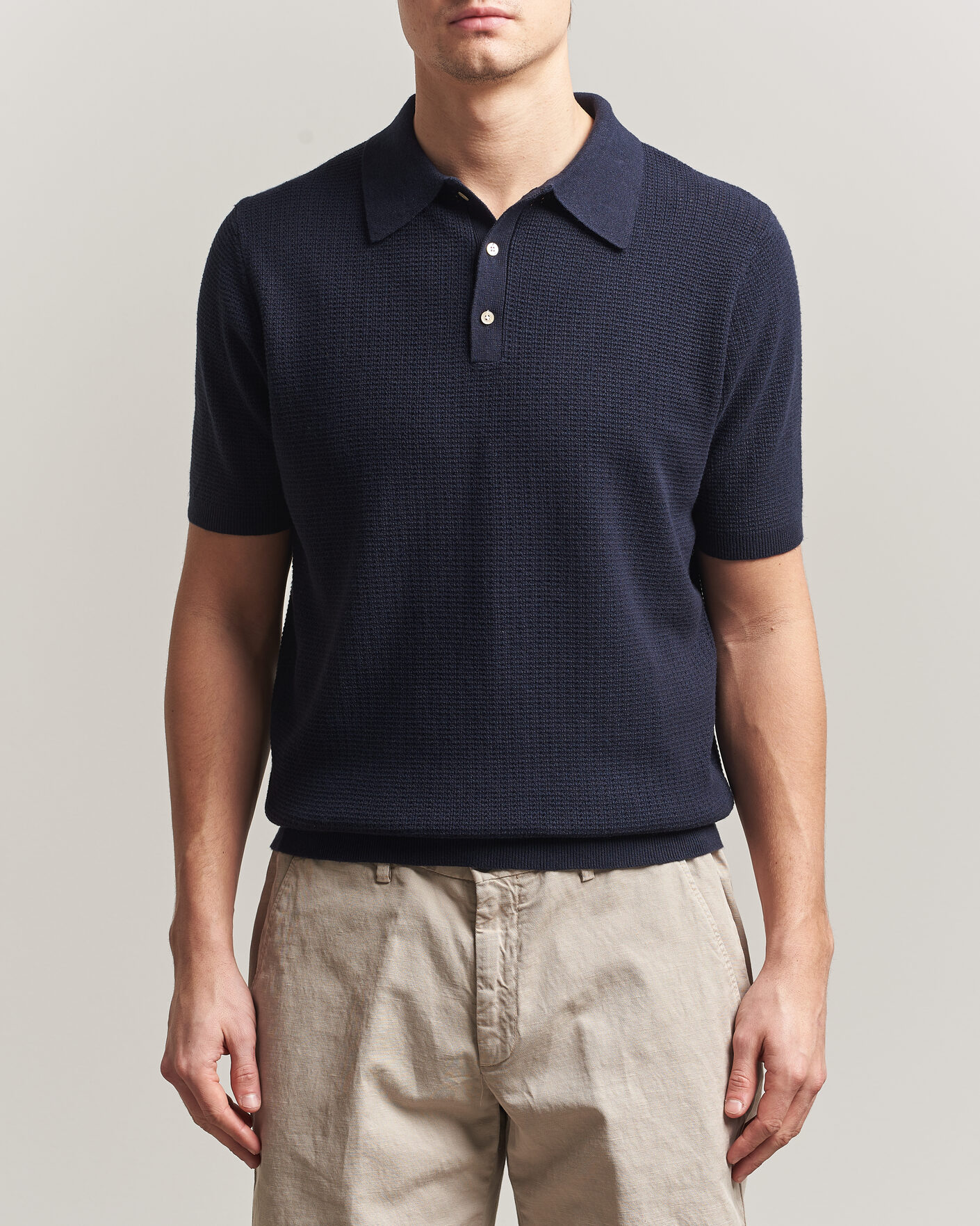 Hombres | Polos | Stenströms | Knitted Textured Cotton/Hemp Polo Navy