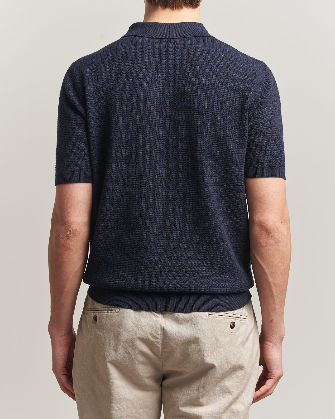 Hombres | Polos | Stenströms | Knitted Textured Cotton/Hemp Polo Navy