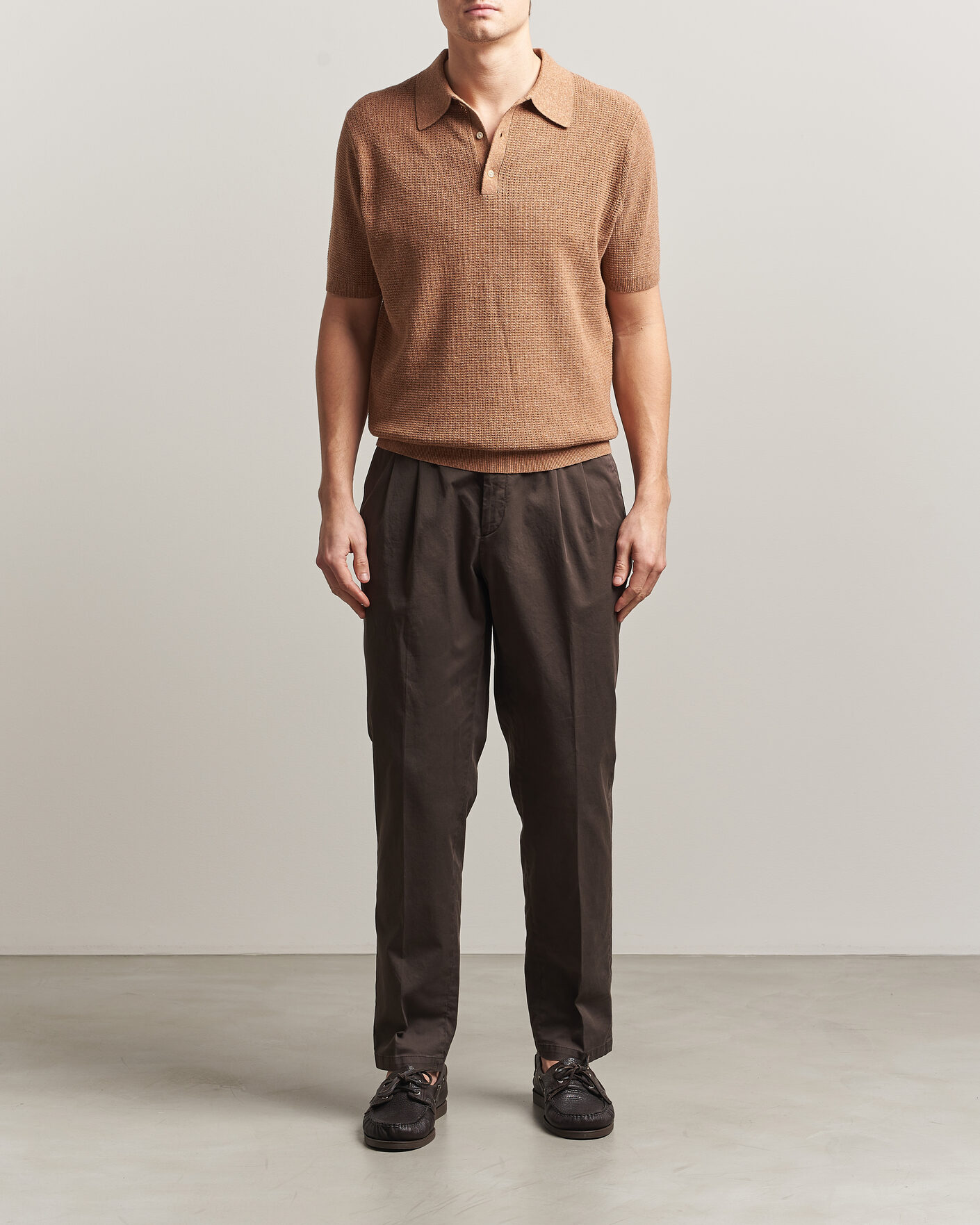 Hombres | Polos | Stenströms | Knitted Textured Cotton/Hemp Polo Light Brown