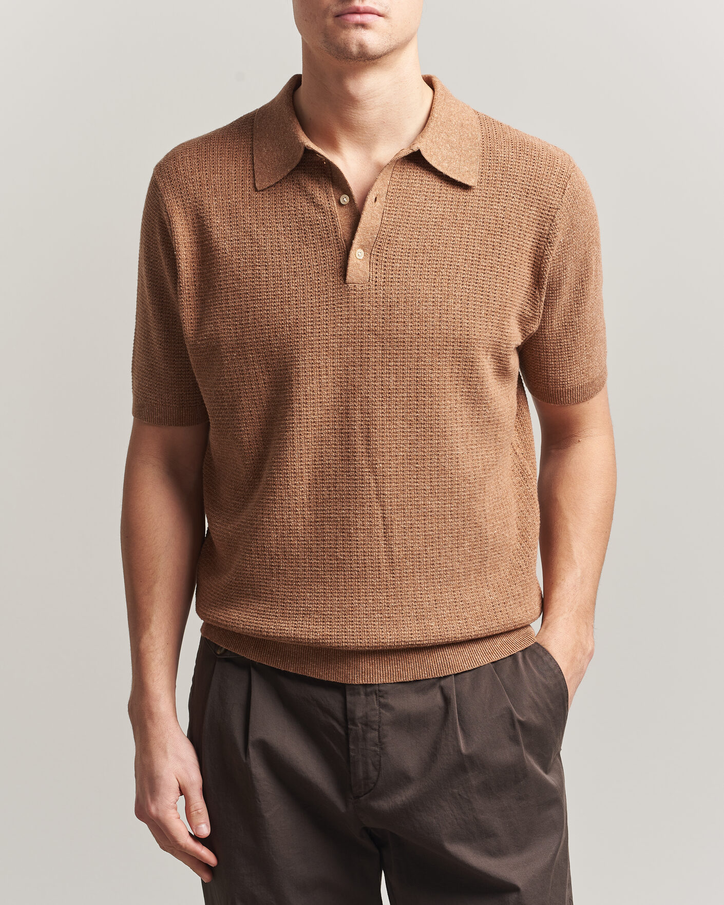 Hombres | Polos | Stenströms | Knitted Textured Cotton/Hemp Polo Light Brown