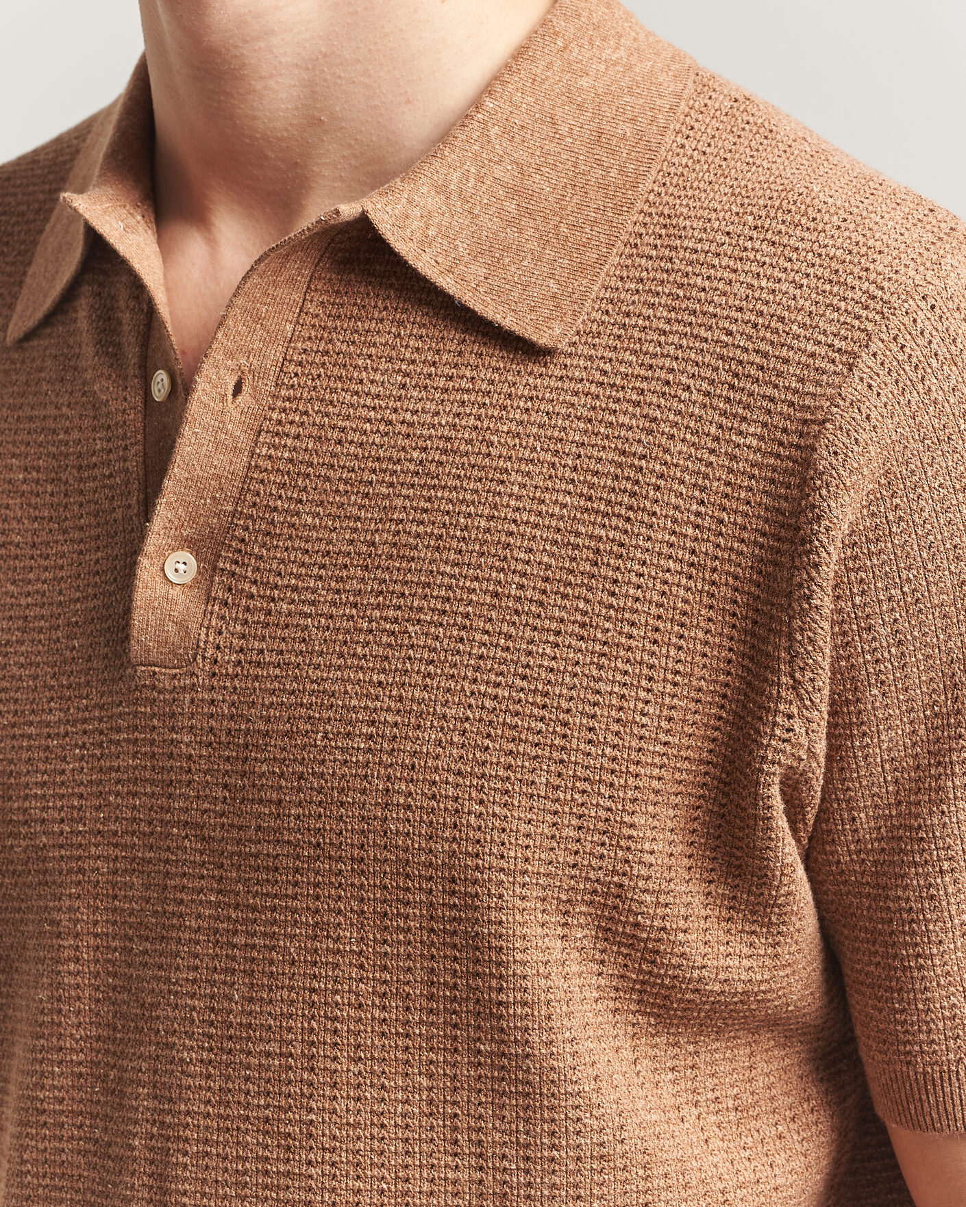 Hombres | Polos | Stenströms | Knitted Textured Cotton/Hemp Polo Light Brown