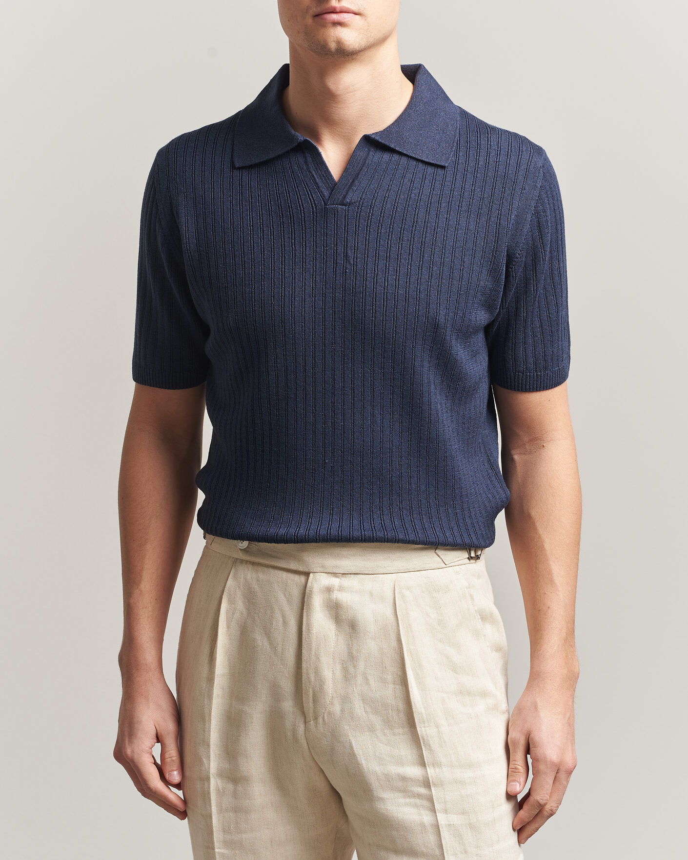 Hombres | Polos | Stenströms | Linen/Merino Structured Polo Navy