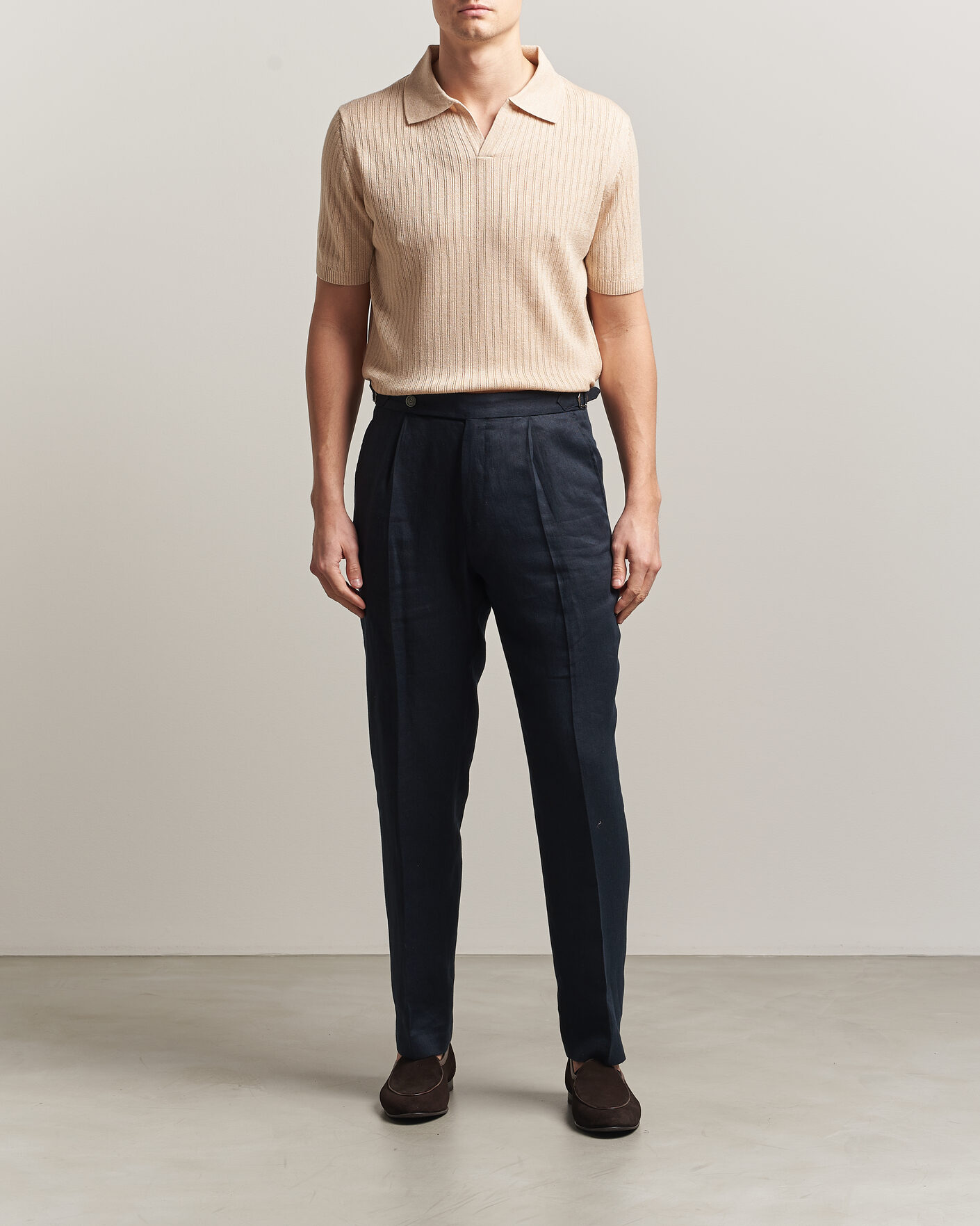 Hombres | Polos | Stenströms | Linen/Merino Structured Polo Beige