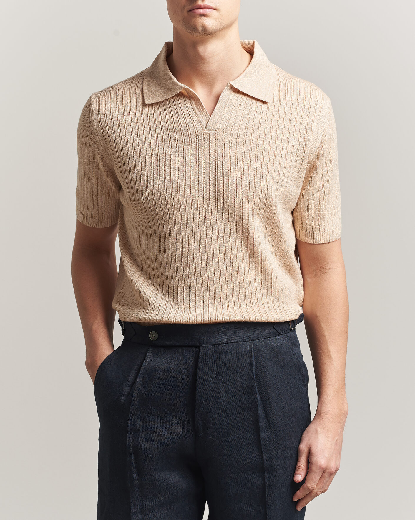 Hombres | Polos | Stenströms | Linen/Merino Structured Polo Beige