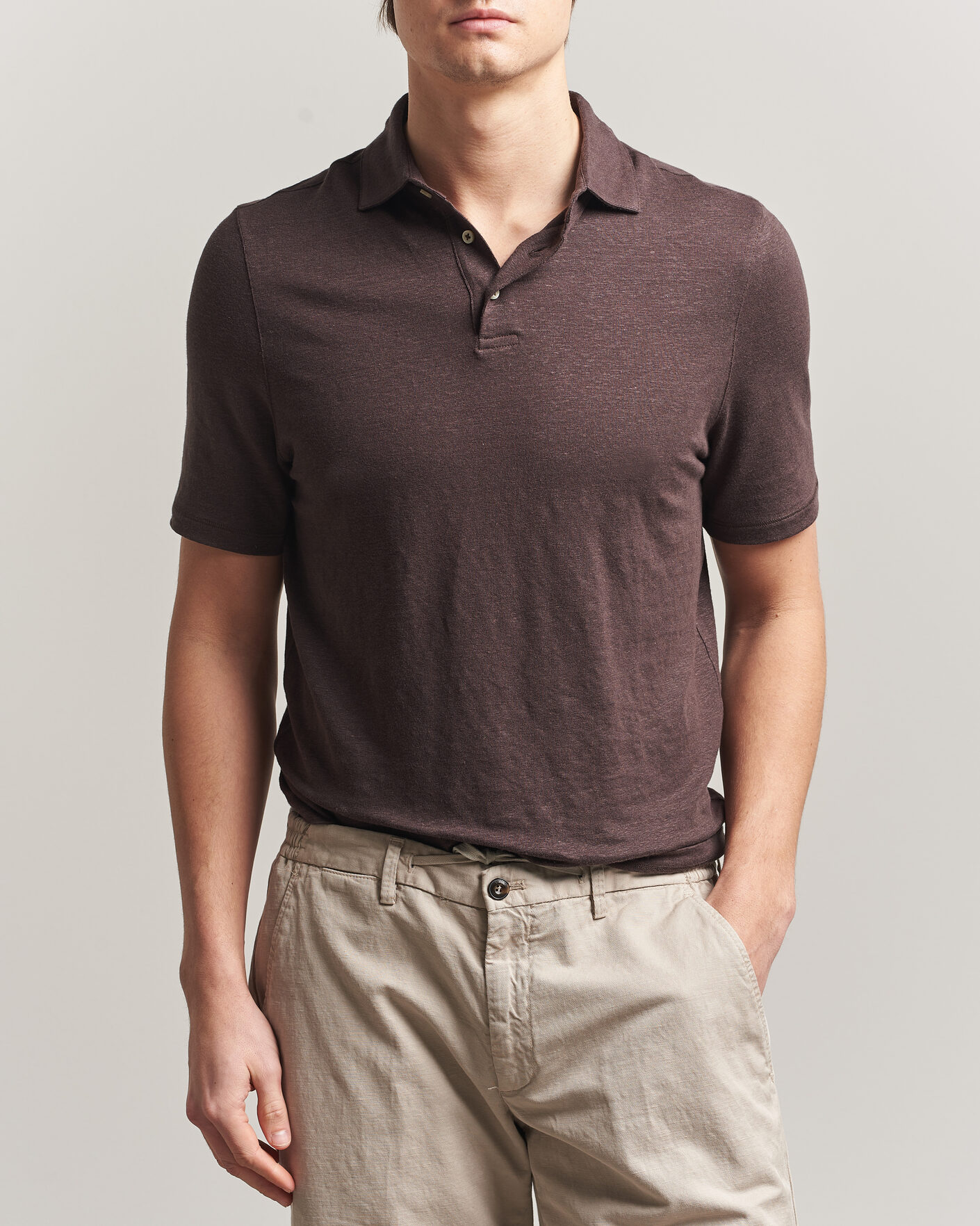 Hombres | Polos | Stenströms | Linen Polo Shirt Dark Brown