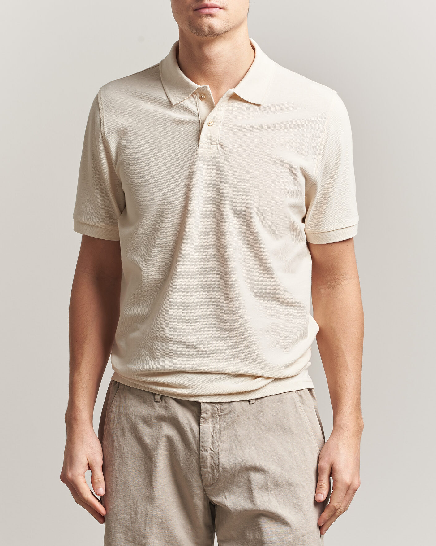 Hombres | Polos | Stenströms | Organic Cotton Piquet Polo Shirt Beige