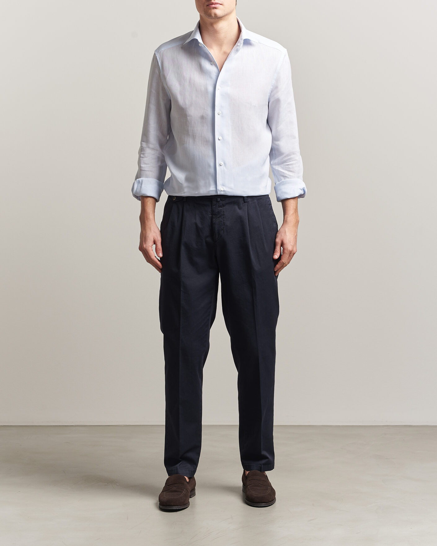 Hombres | Camisas | Stenströms | 1899 Linen One Piece Collar Shirt Light Blue