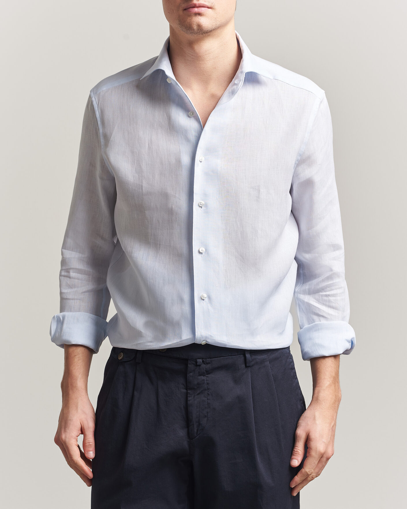 Hombres | Camisas | Stenströms | 1899 Linen One Piece Collar Shirt Light Blue