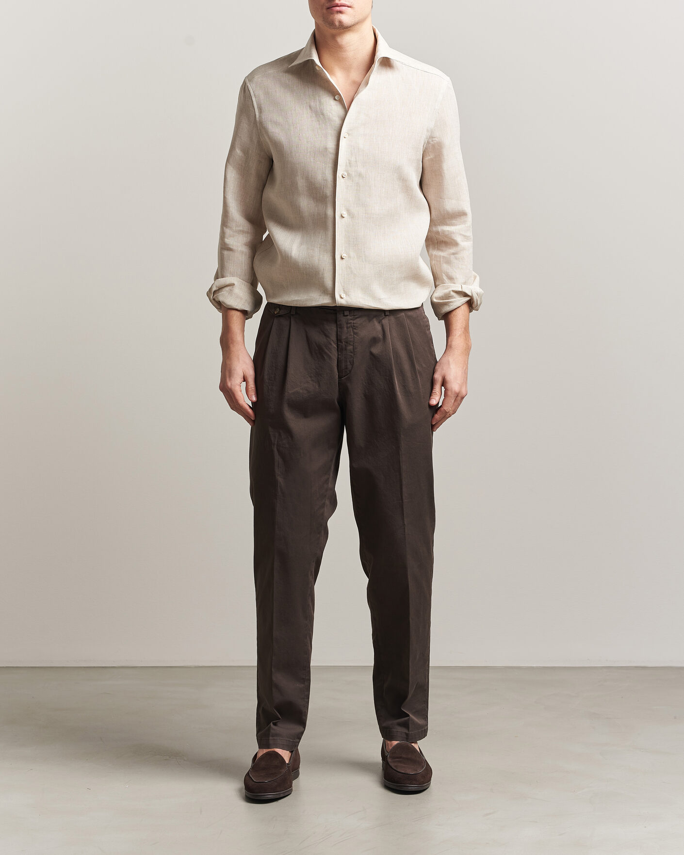 Hombres | Camisas | Stenströms | 1899 Linen One Piece Collar Shirt Beige