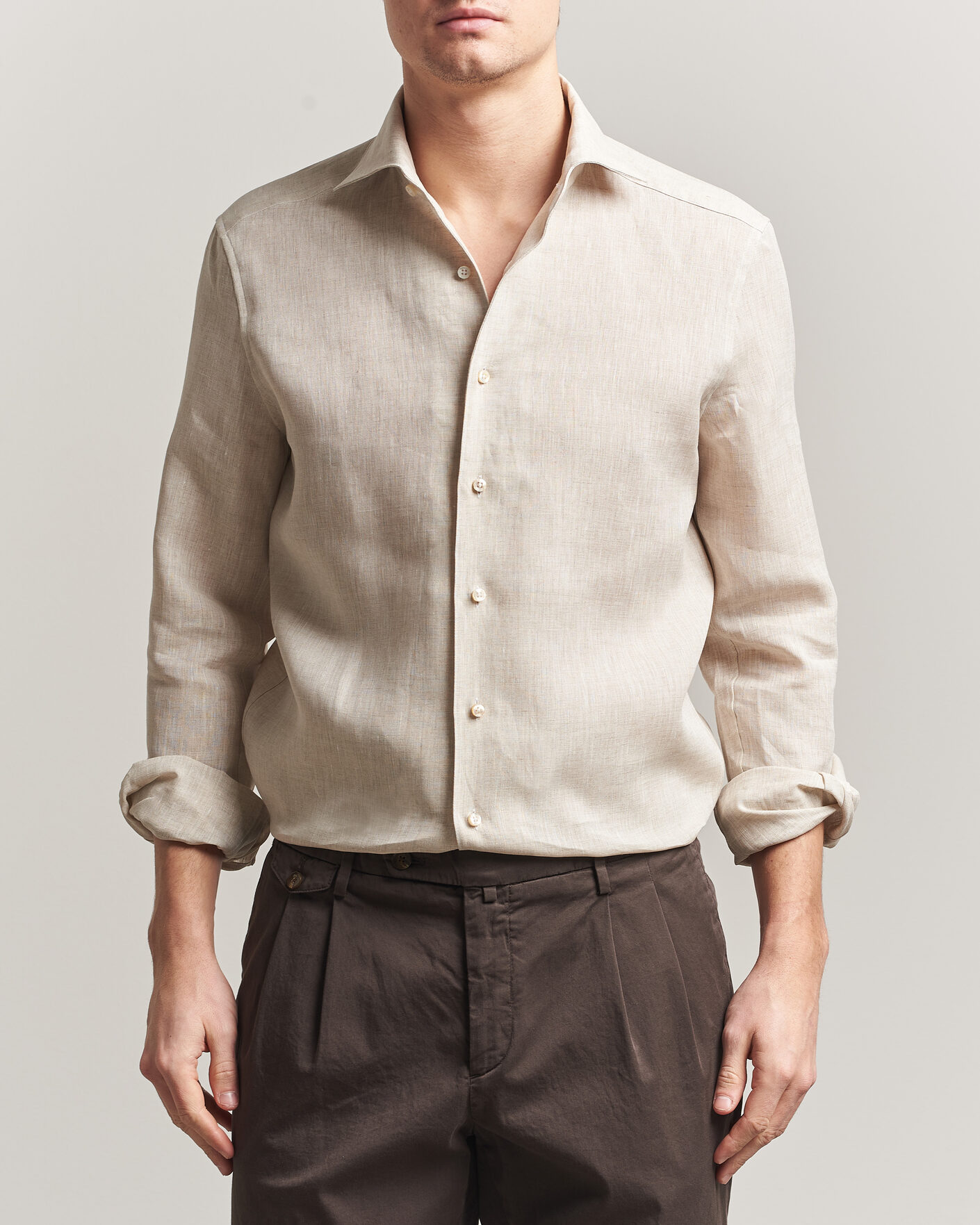 Hombres | Camisas | Stenströms | 1899 Linen One Piece Collar Shirt Beige