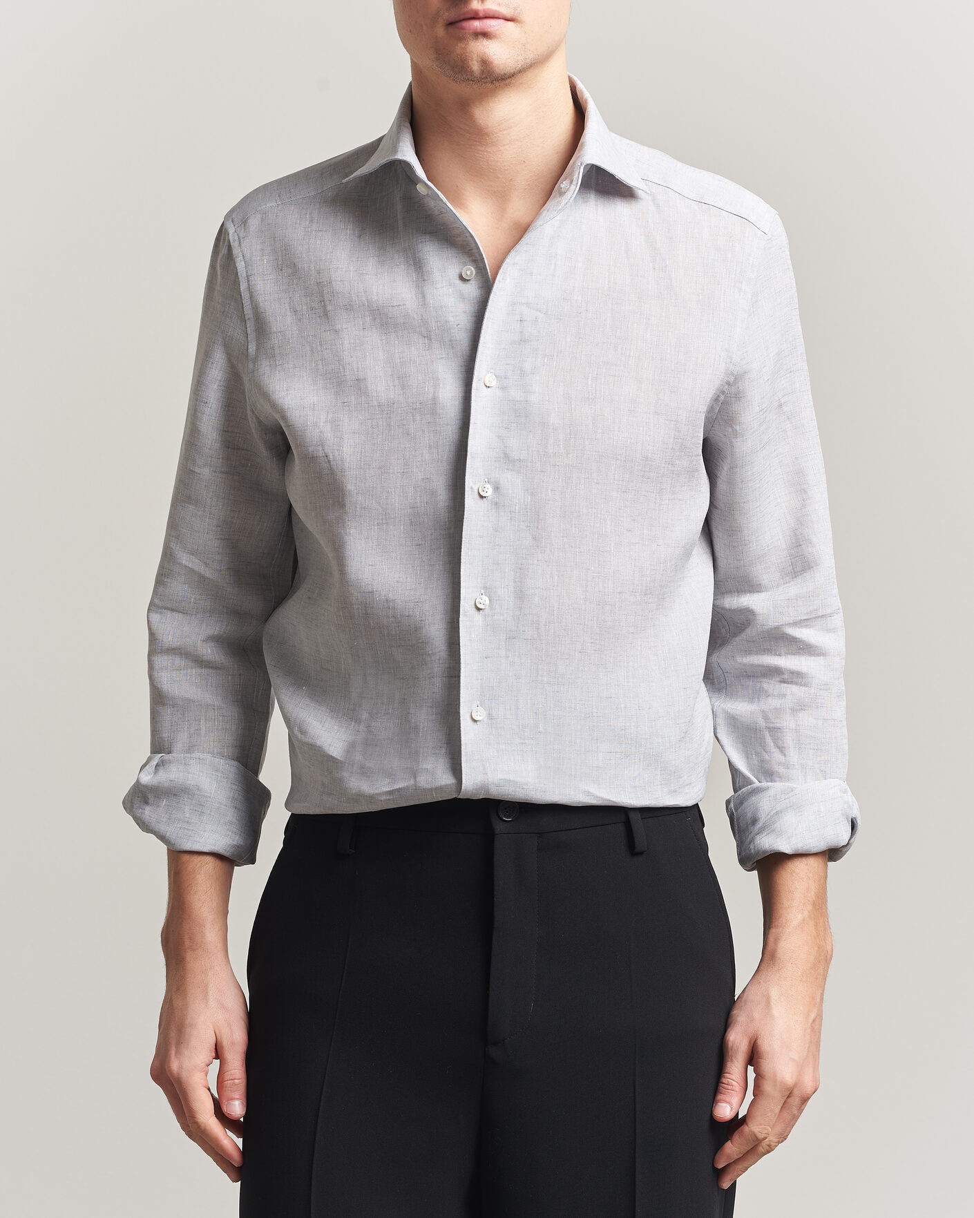 Hombres | Camisas | Stenströms | 1899 Linen One Piece Collar Shirt Grey