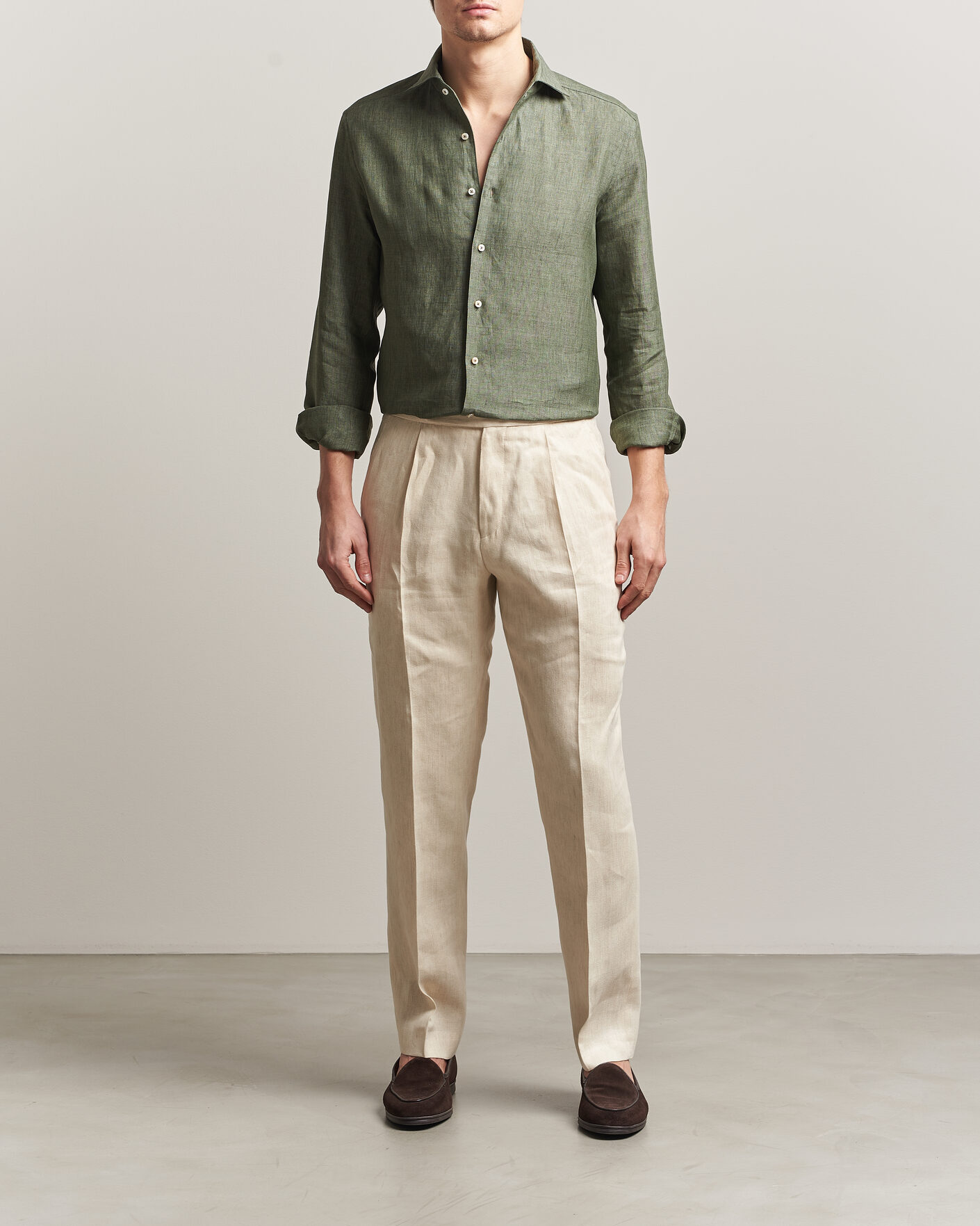 Hombres | Camisas | Stenströms | 1899 Linen One Piece Collar Shirt Olive
