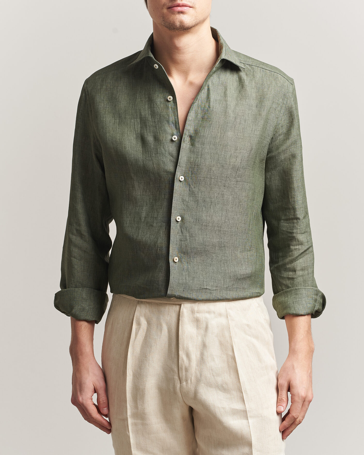 Hombres | Camisas | Stenströms | 1899 Linen One Piece Collar Shirt Olive