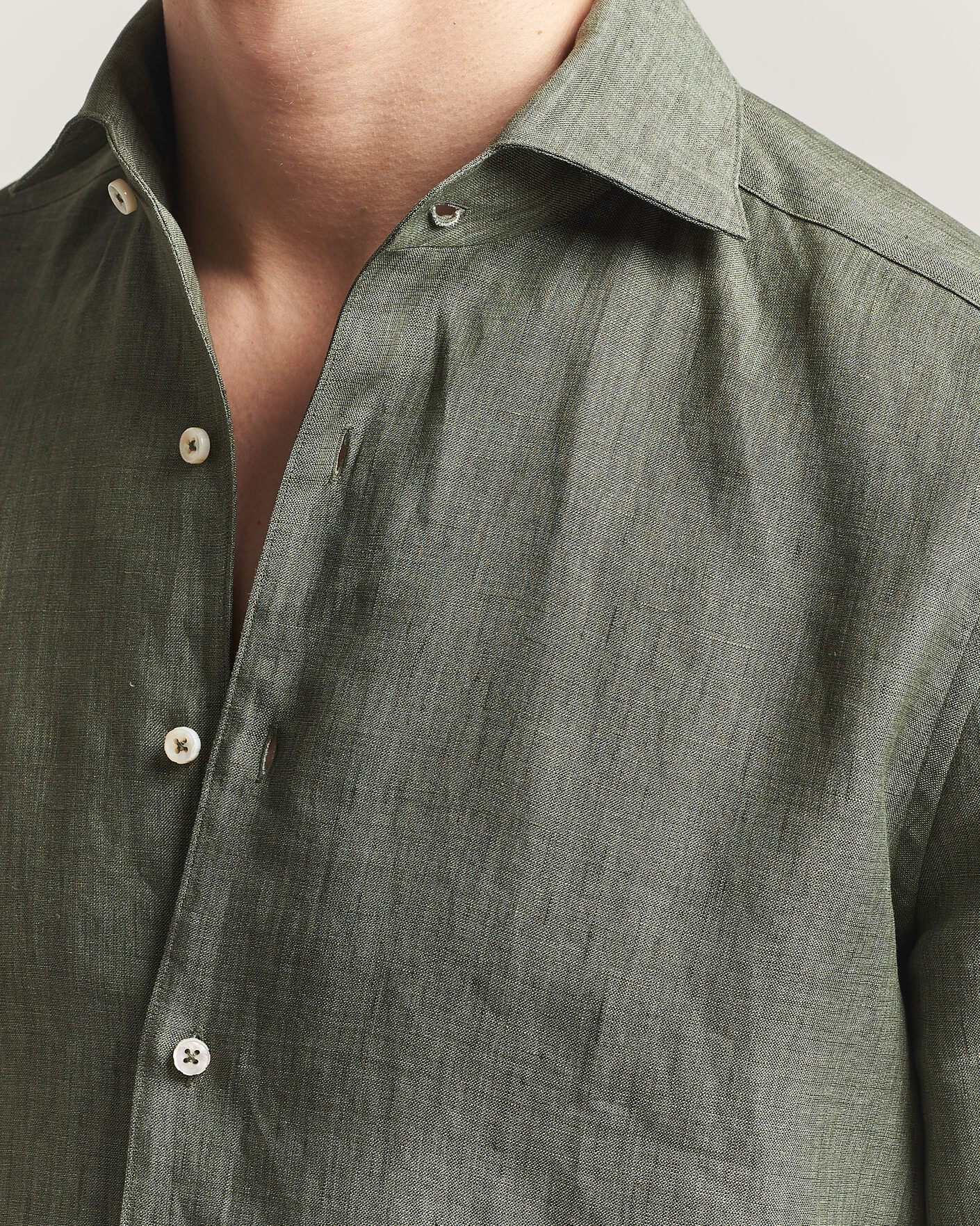 Hombres | Camisas | Stenströms | 1899 Linen One Piece Collar Shirt Olive