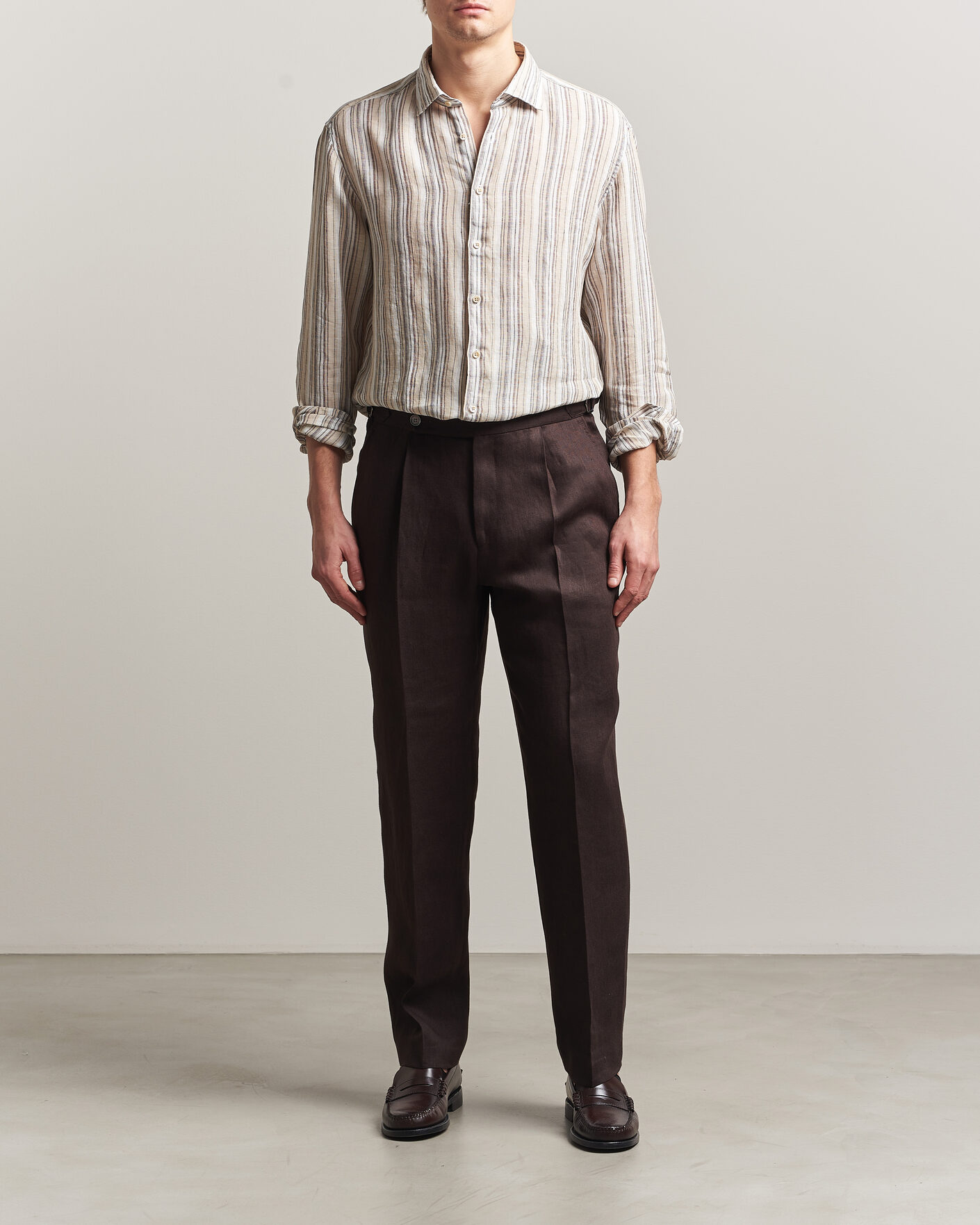 Hombres | Camisas | Stenströms | Regular Fit Multi Striped Linen Shirt Brown