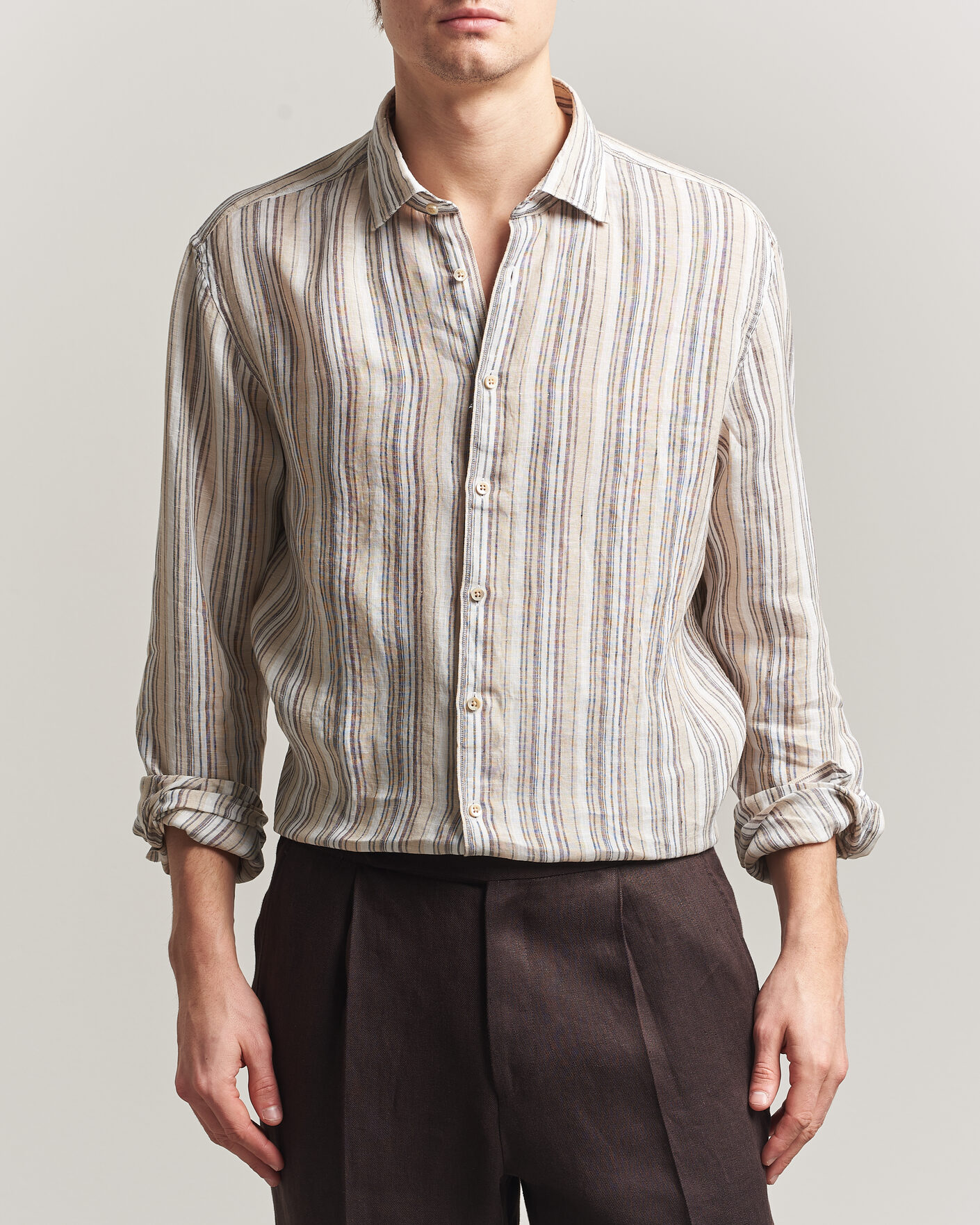 Hombres | Camisas | Stenströms | Regular Fit Multi Striped Linen Shirt Brown