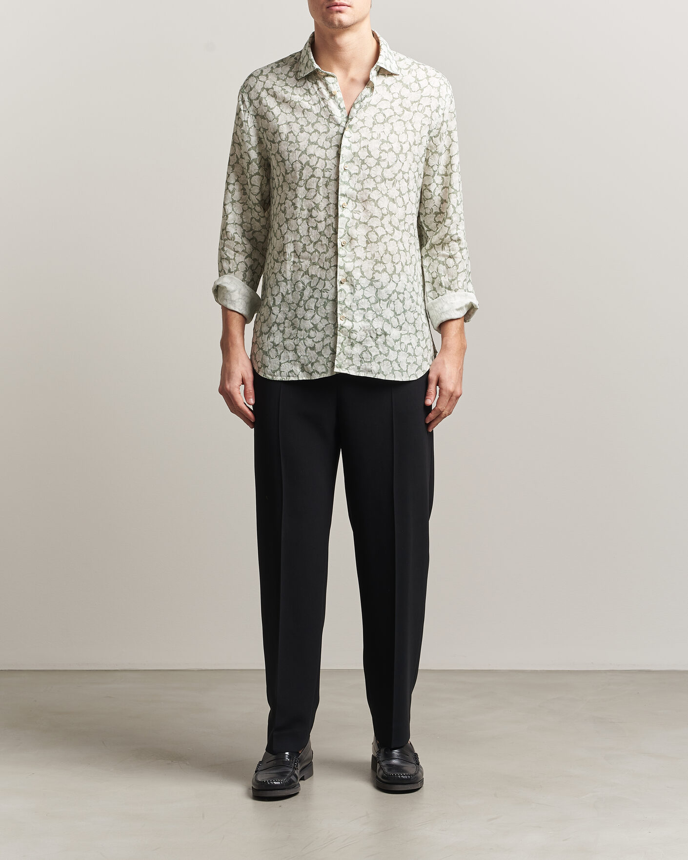 Hombres | Camisas | Stenströms | Regular Fit Flower Printed Linen Shirt Green