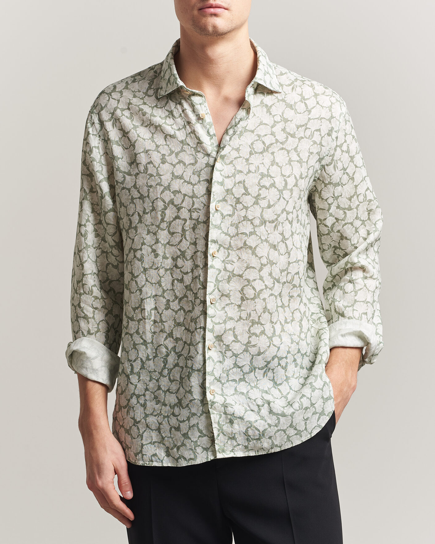 Hombres | Camisas | Stenströms | Regular Fit Flower Printed Linen Shirt Green