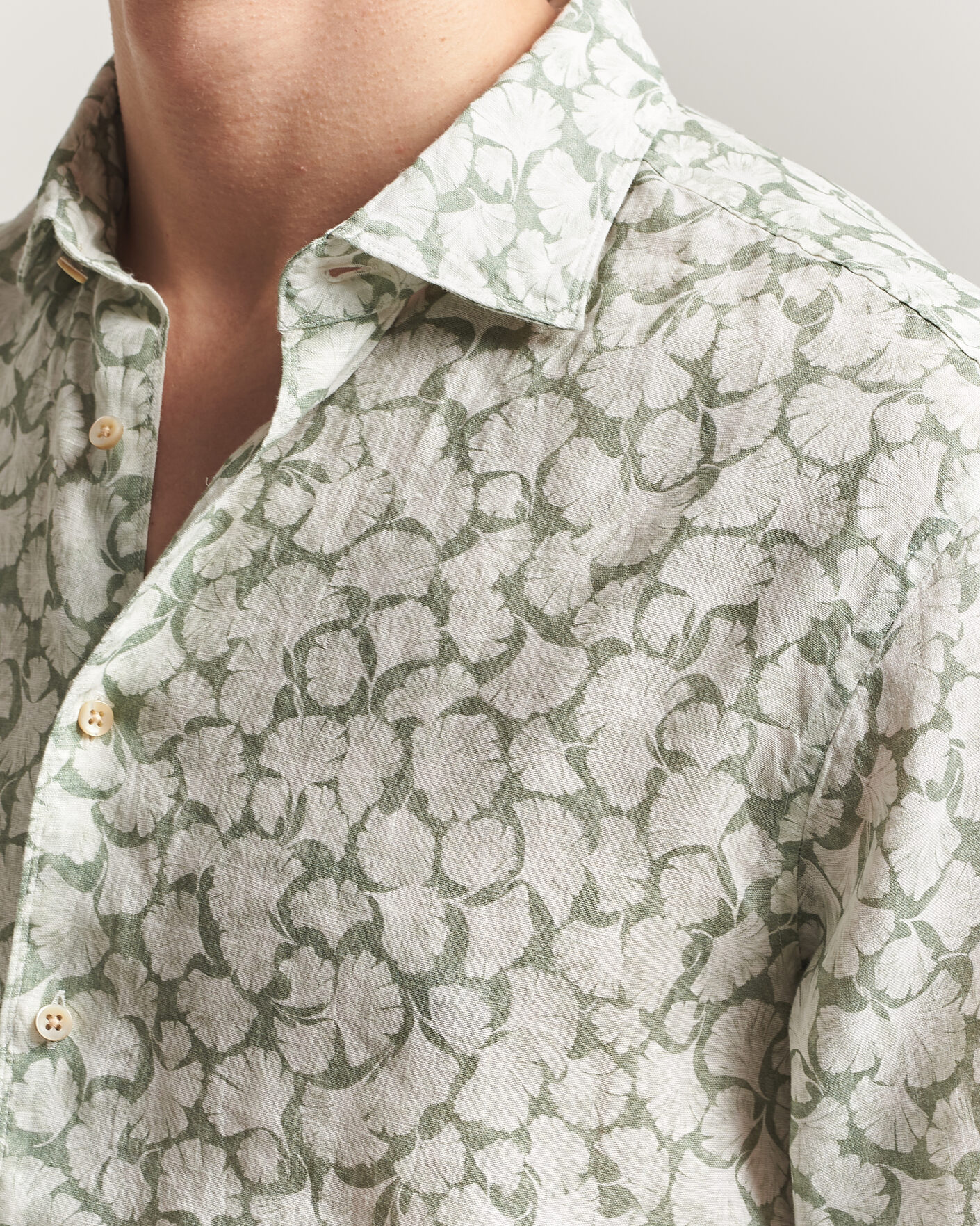 Hombres | Camisas | Stenströms | Regular Fit Flower Printed Linen Shirt Green