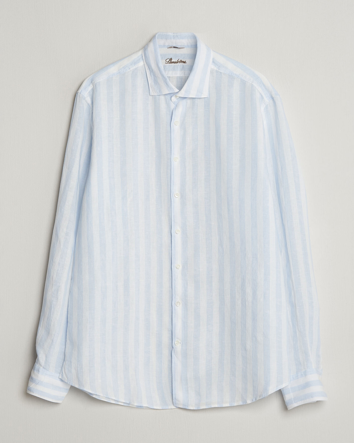 Hombres | Camisas | Stenströms | Regular Fit Wide Stripe Linen Shirt Light Blue