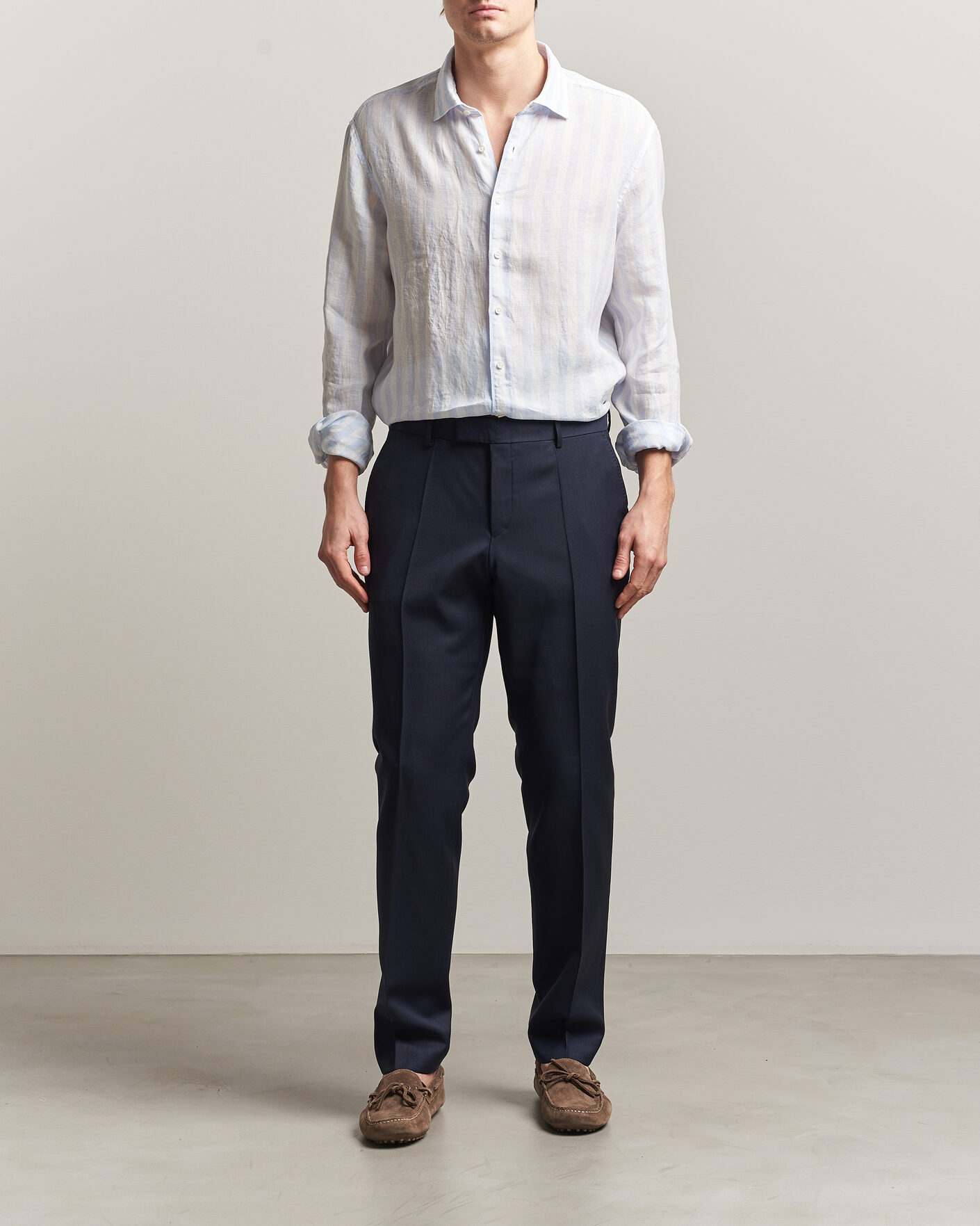 Hombres | Camisas | Stenströms | Regular Fit Wide Stripe Linen Shirt Light Blue