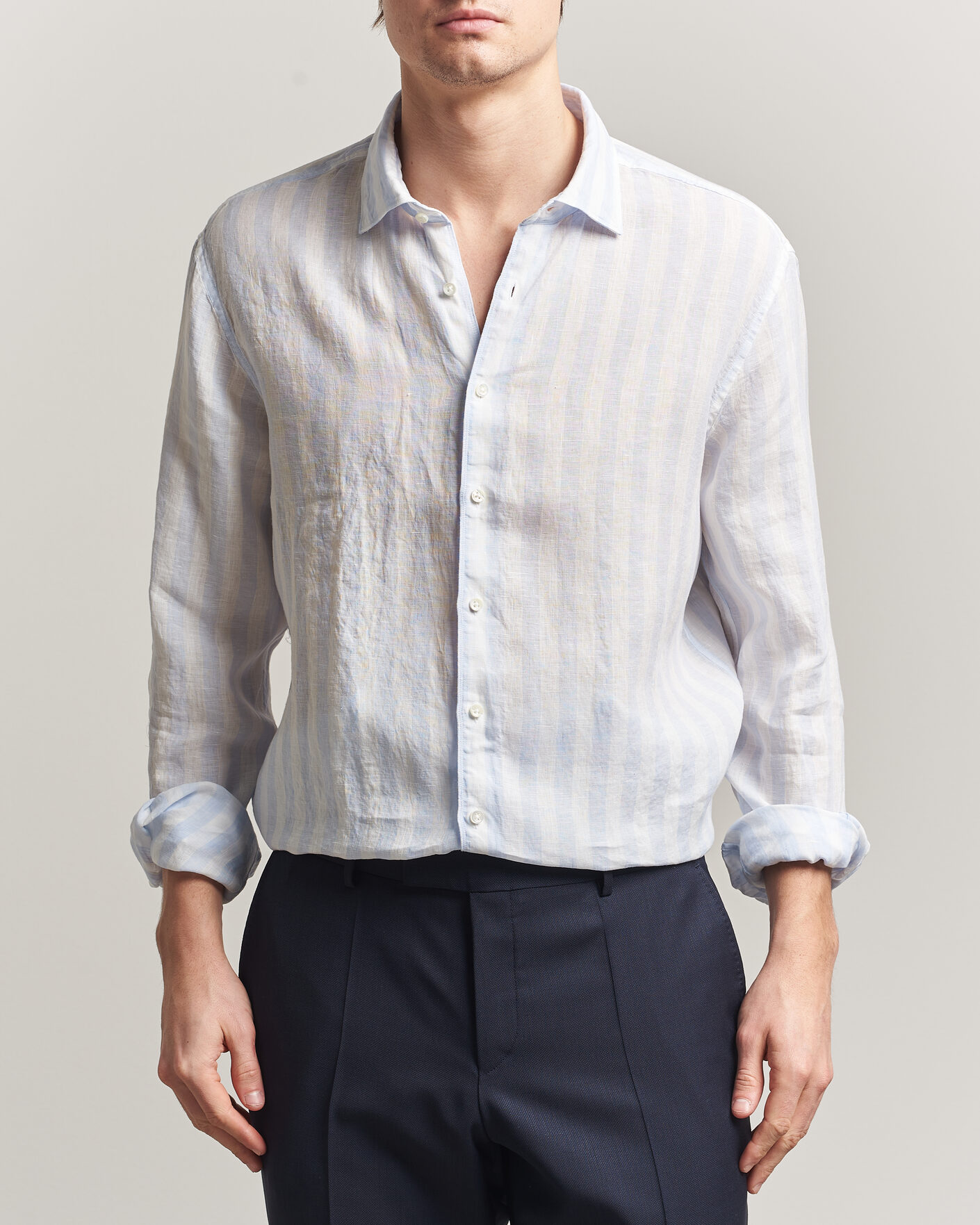 Hombres | Camisas | Stenströms | Regular Fit Wide Stripe Linen Shirt Light Blue