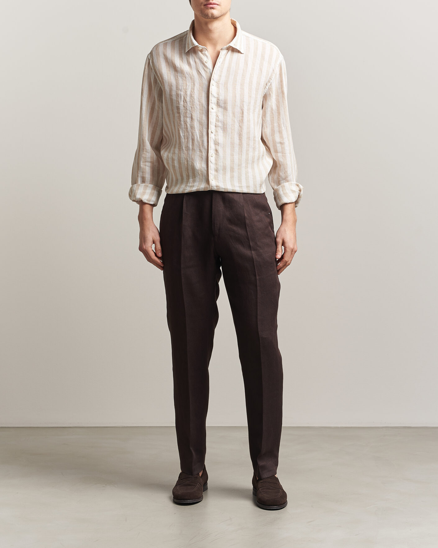 Hombres | Camisas | Stenströms | Regular Fit Wide Stripe Linen Shirt Beige