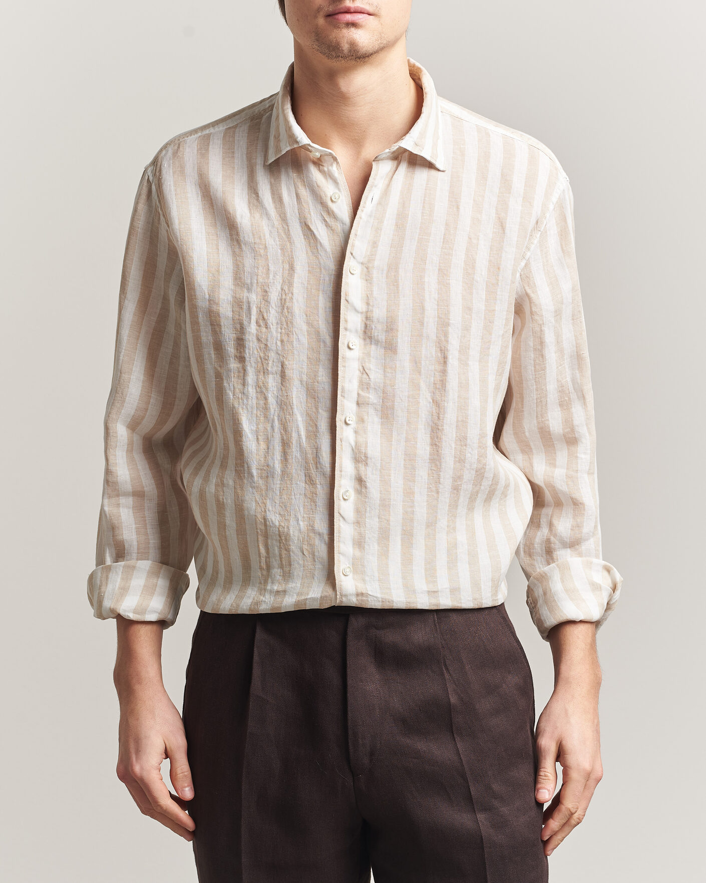 Hombres | Camisas | Stenströms | Regular Fit Wide Stripe Linen Shirt Beige
