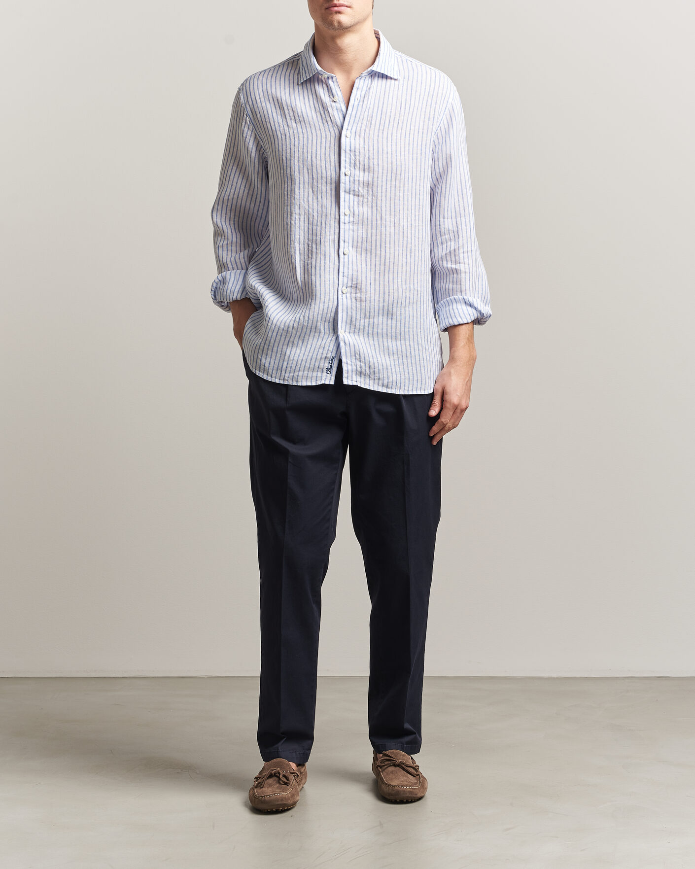 Hombres | Camisas | Stenströms | Regular Fit Striped Linen Shirt White/Dark Blue