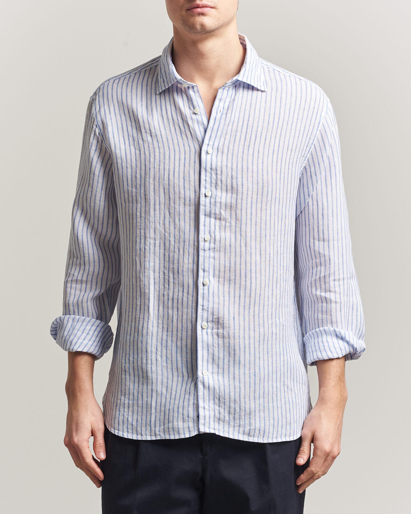 Hombres | Camisas | Stenströms | Regular Fit Striped Linen Shirt White/Dark Blue