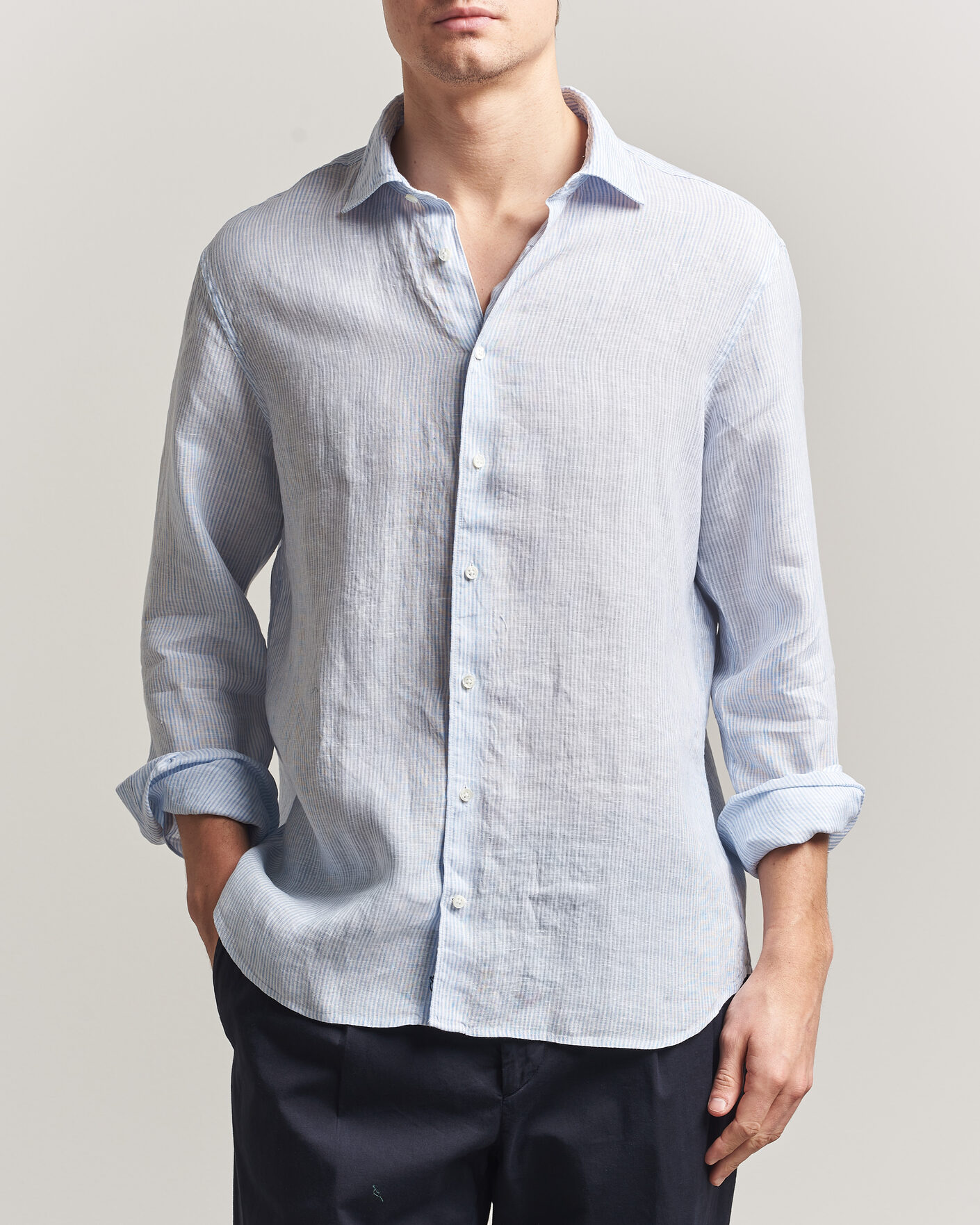 Hombres | Camisas | Stenströms | Regular Fit Thin Striped Linen Shirt Light Blue