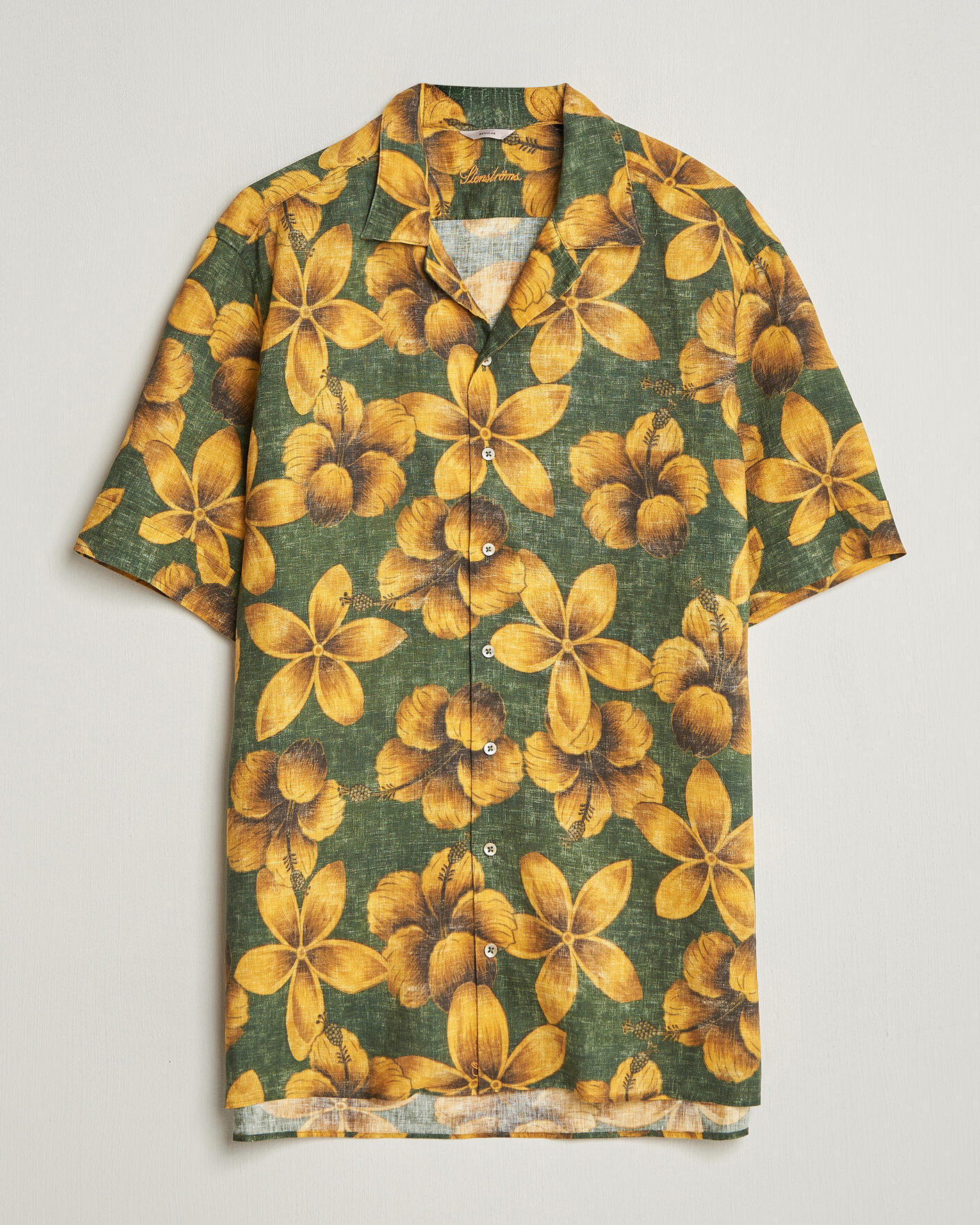 Hombres | Camisas | Stenströms | Flower Printed Short Sleeve Linen Shirt Green