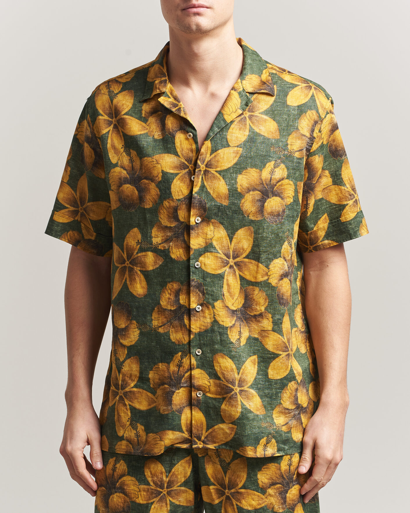 Hombres | Camisas | Stenströms | Flower Printed Short Sleeve Linen Shirt Green