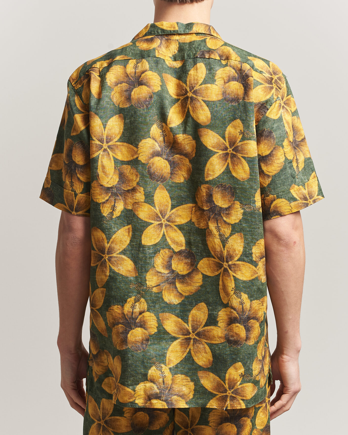 Hombres | Camisas | Stenströms | Flower Printed Short Sleeve Linen Shirt Green