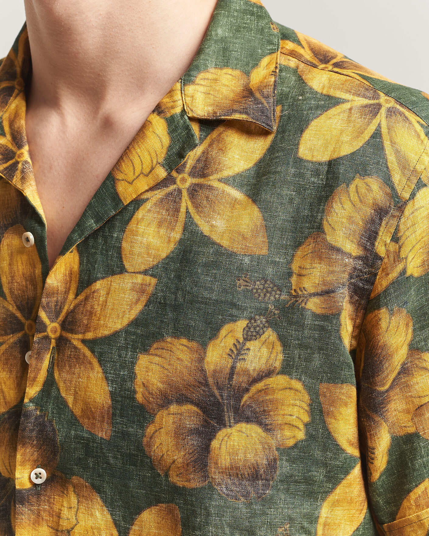 Hombres | Camisas | Stenströms | Flower Printed Short Sleeve Linen Shirt Green