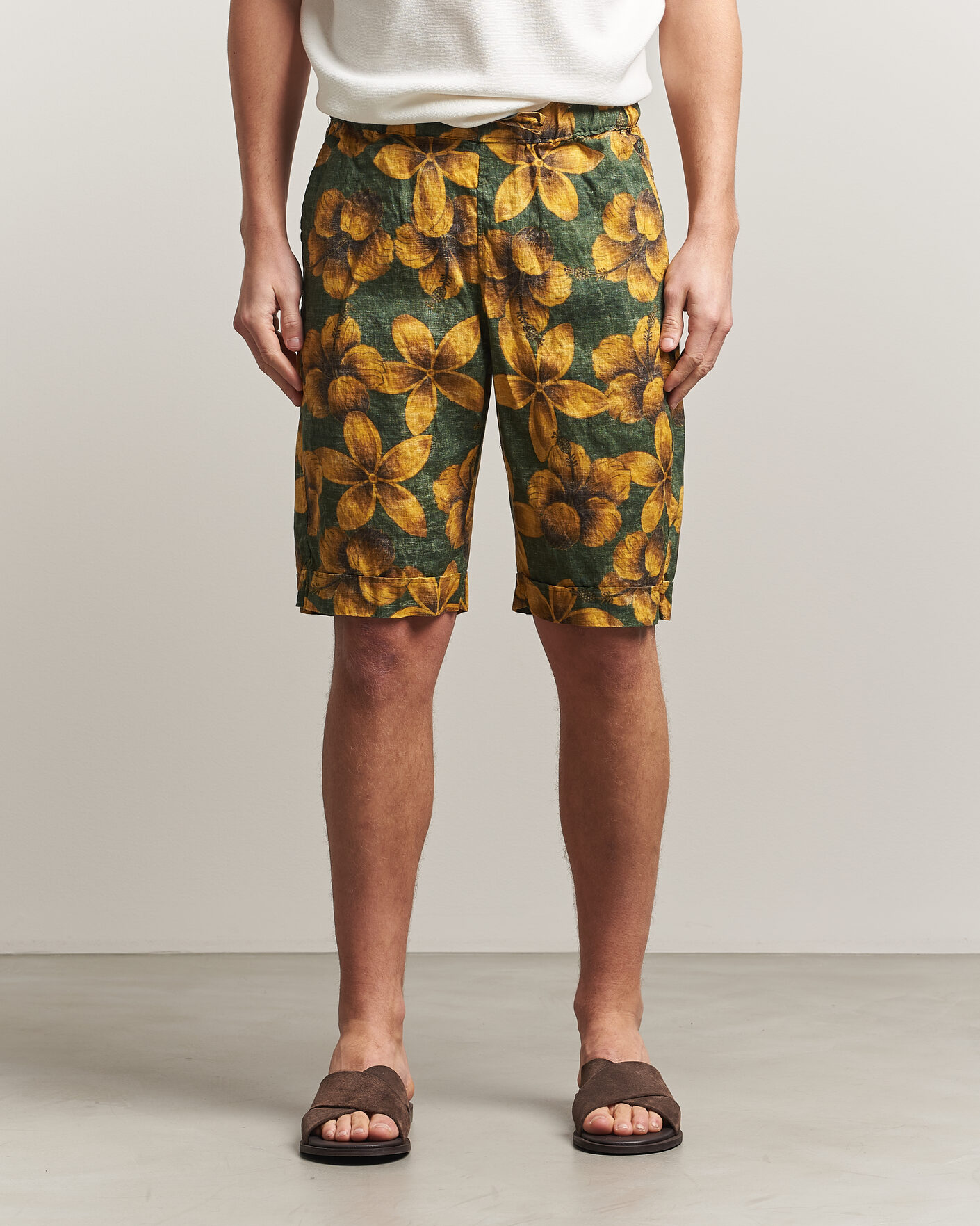 Hombres | Pantalones cortos | Stenströms | Flower Printed Linen Shorts Green