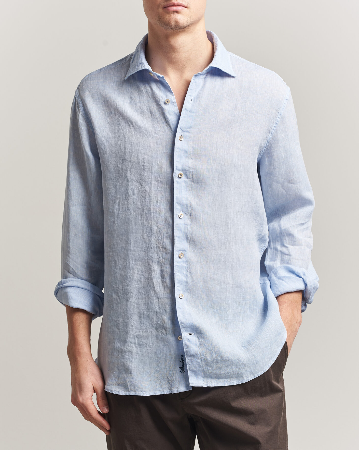 Hombres | Camisas | Stenströms | Regular Fit Cut Away Linen Shirt Light Blue