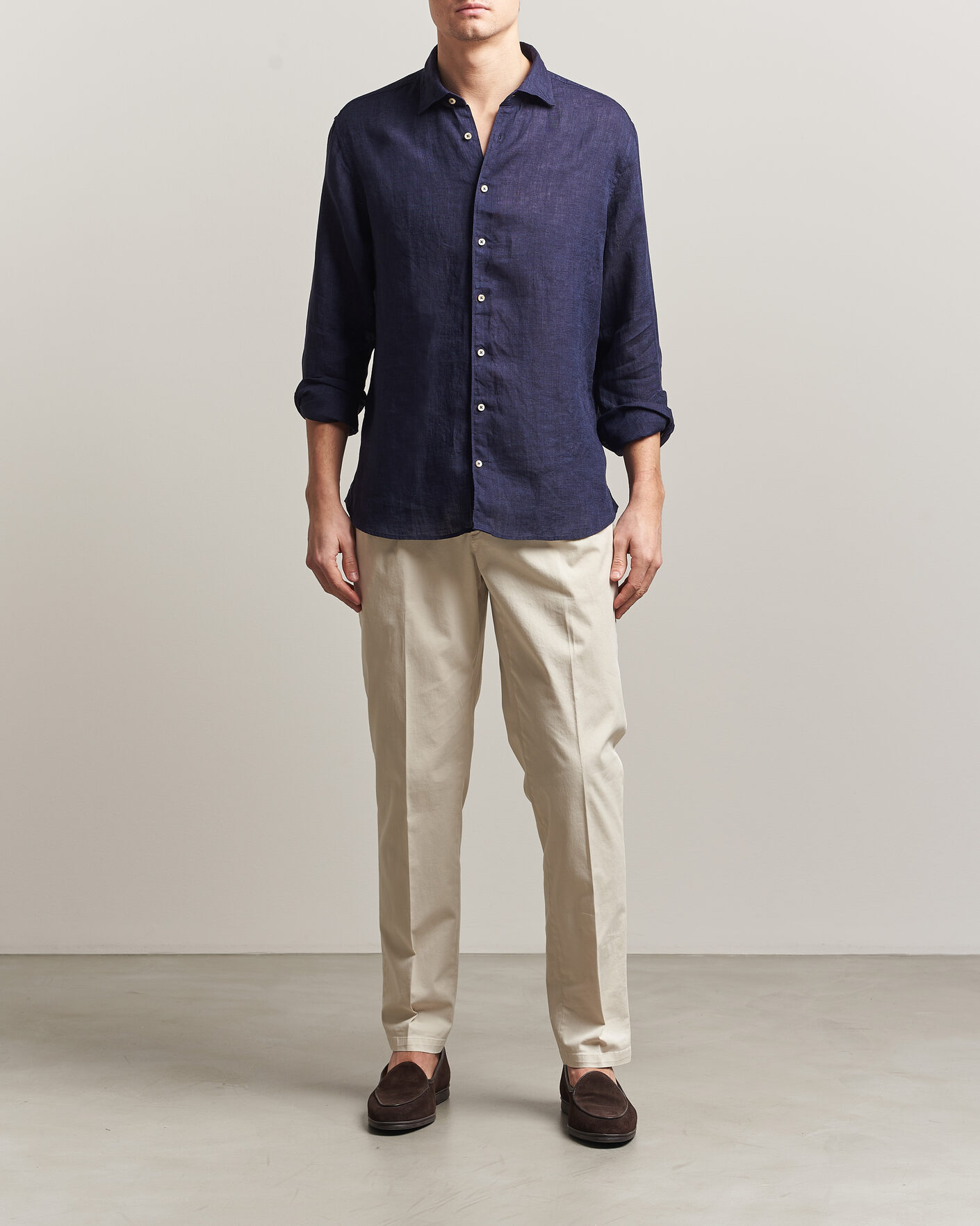 Hombres | Camisas | Stenströms | Regular Fit Cut Away Linen Shirt Navy