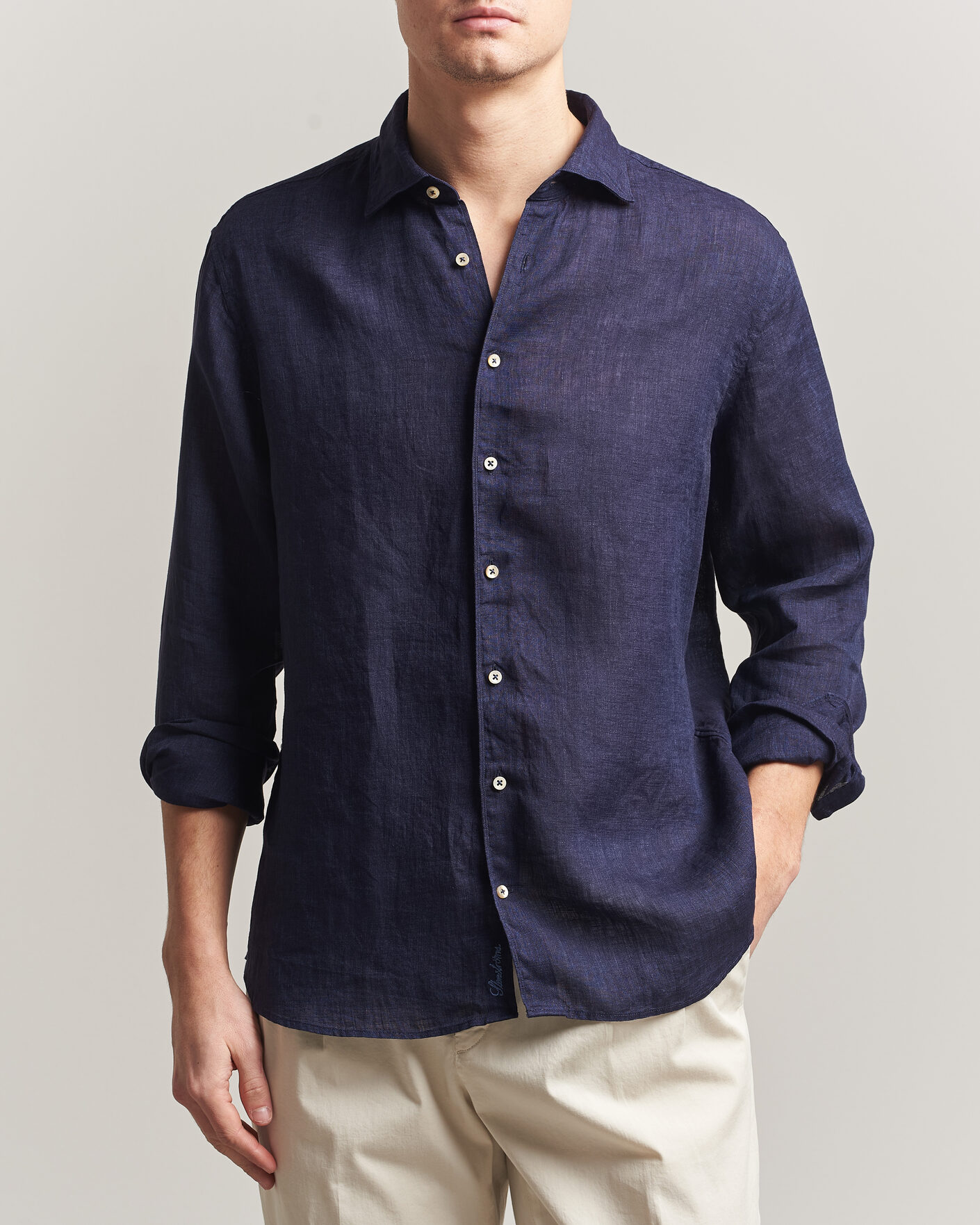 Hombres | Camisas | Stenströms | Regular Fit Cut Away Linen Shirt Navy