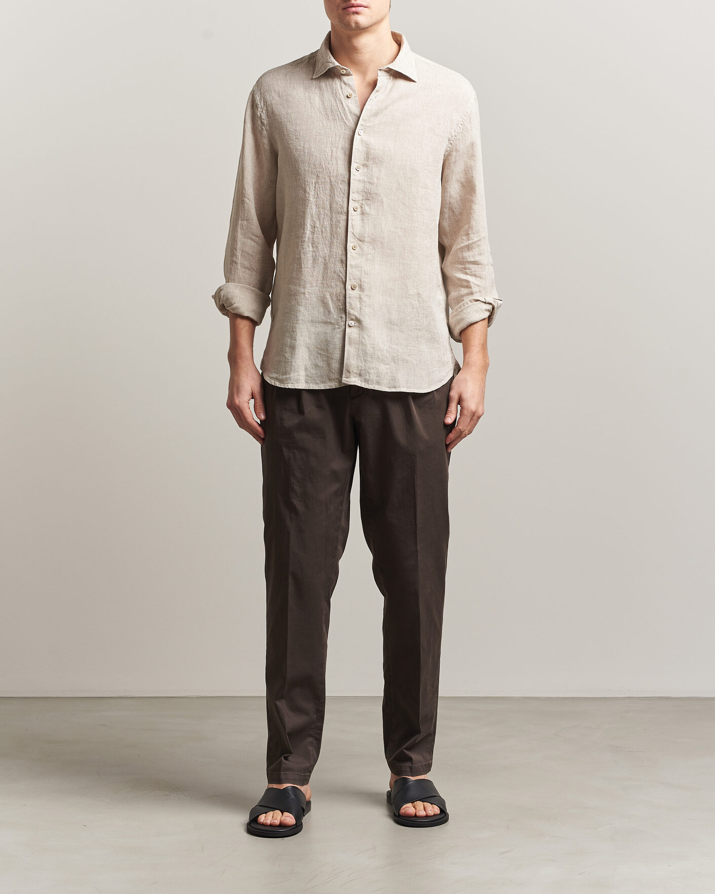 Hombres | Camisas | Stenströms | Regular Fit Cut Away Linen Shirt Beige