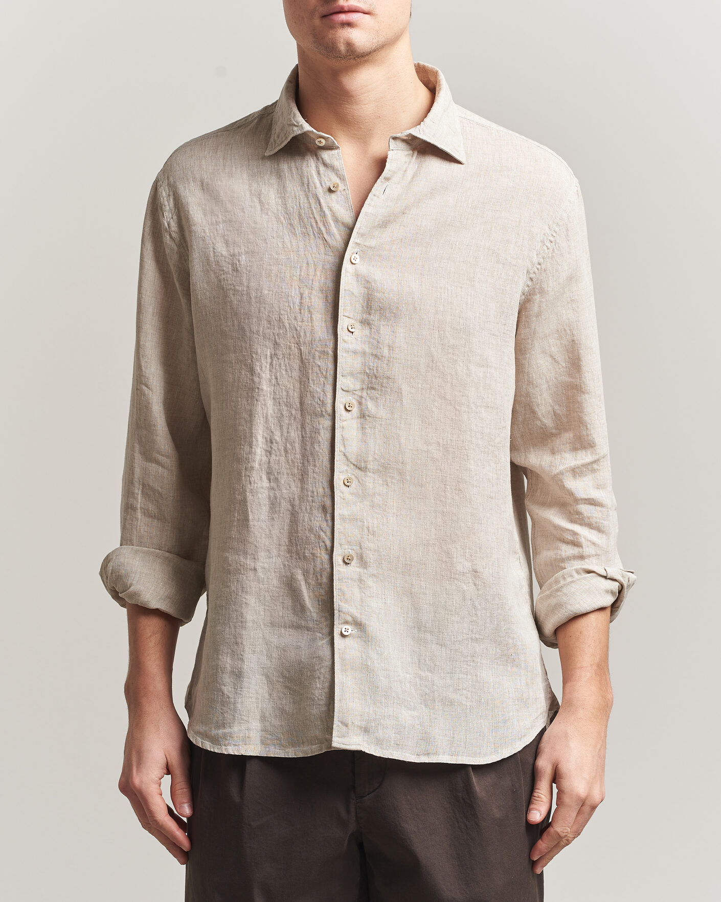 Hombres | Camisas | Stenströms | Regular Fit Cut Away Linen Shirt Beige