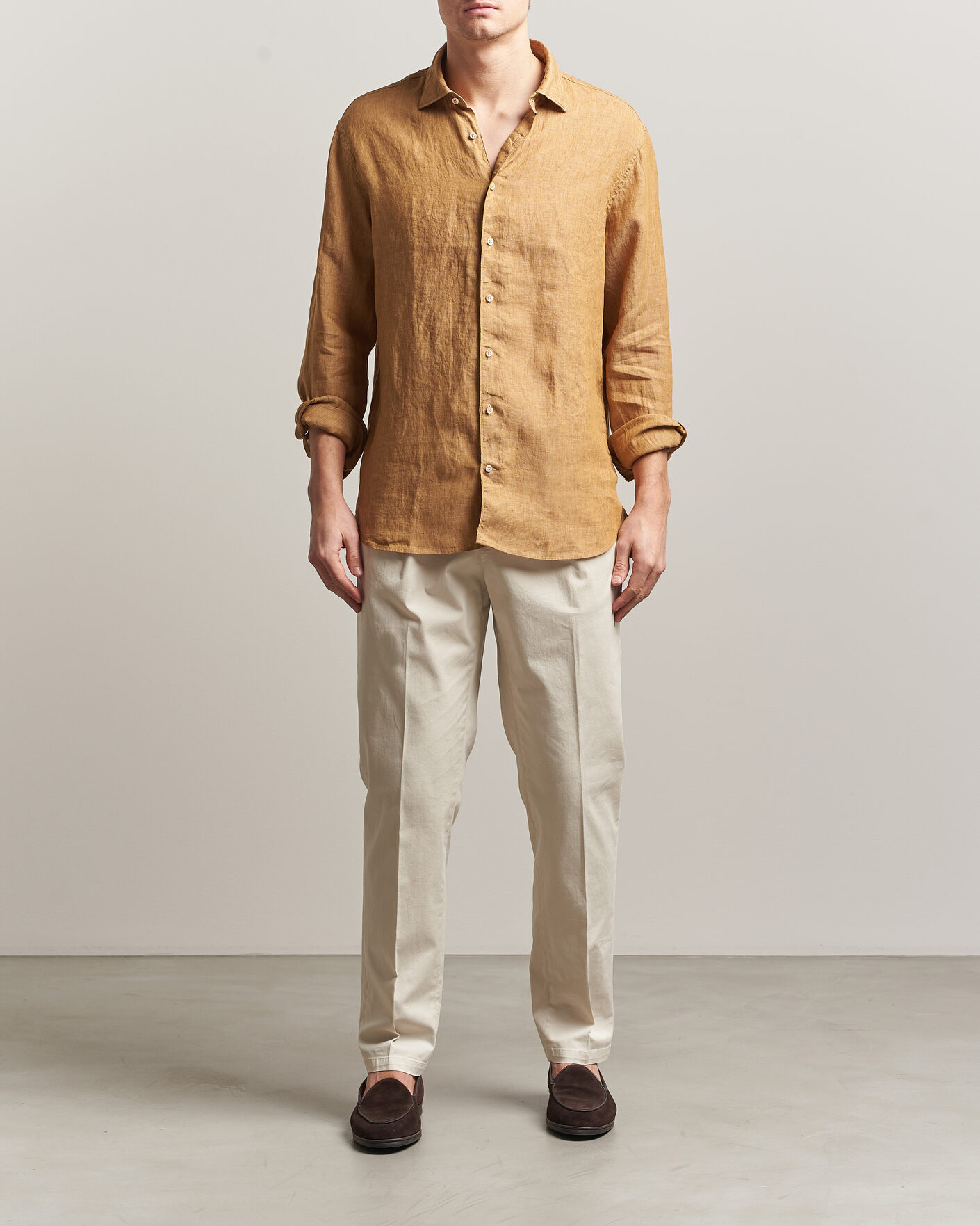Hombres | Camisas | Stenströms | Regular Fit Cut Away Linen Shirt Light Brown