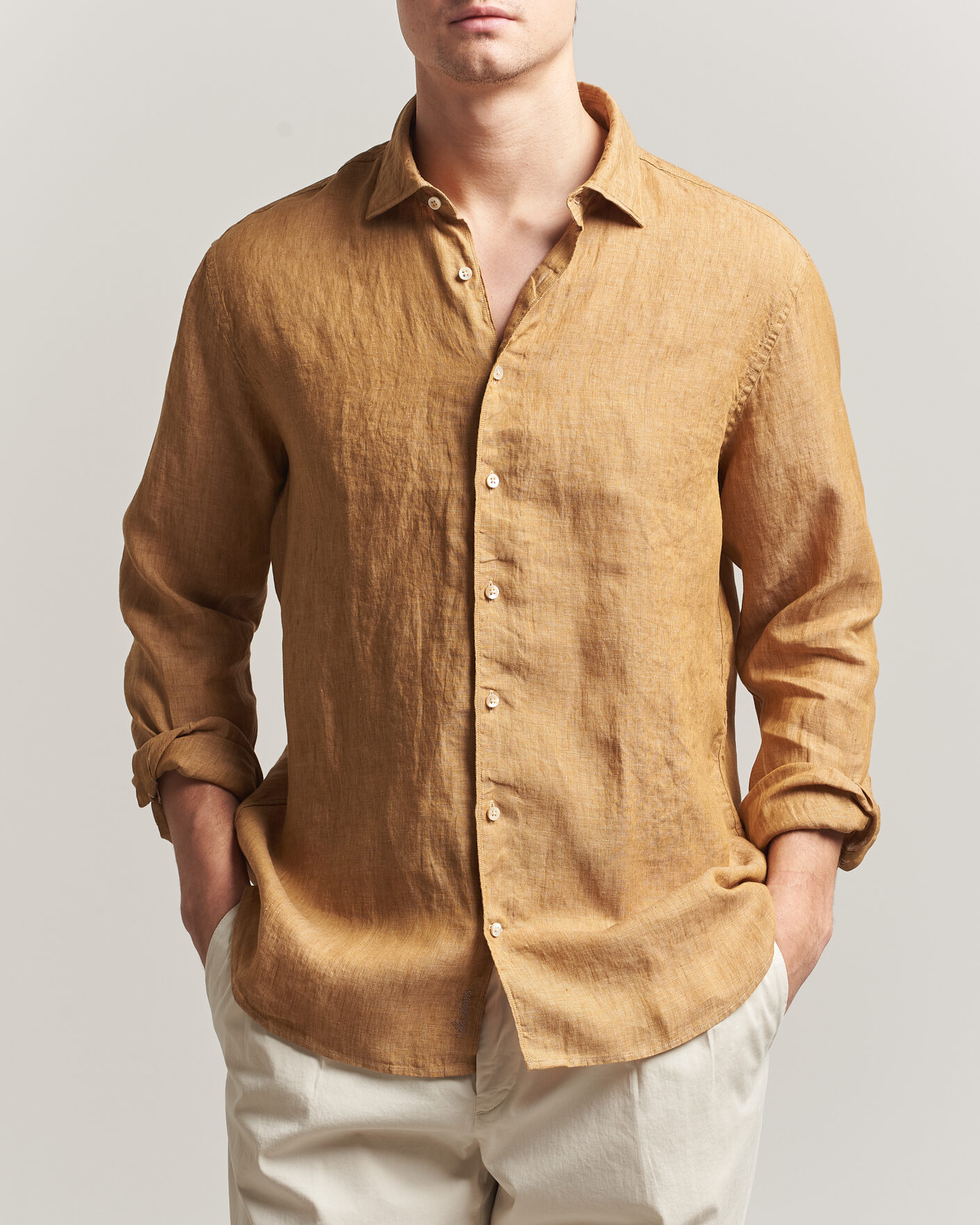 Hombres | Camisas | Stenströms | Regular Fit Cut Away Linen Shirt Light Brown