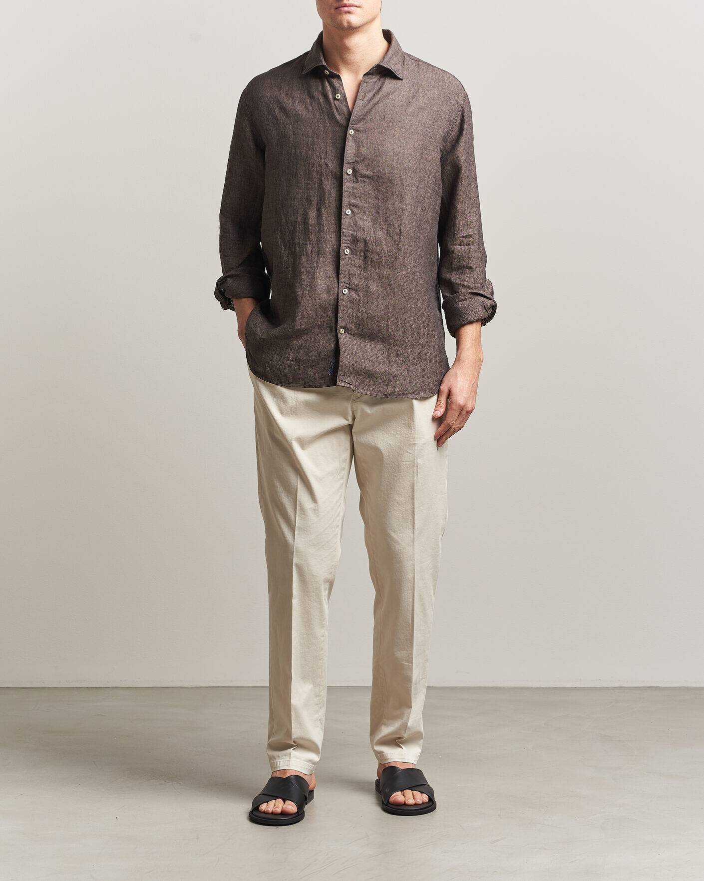 Hombres | Camisas | Stenströms | Regular Fit Cut Away Linen Shirt Brown